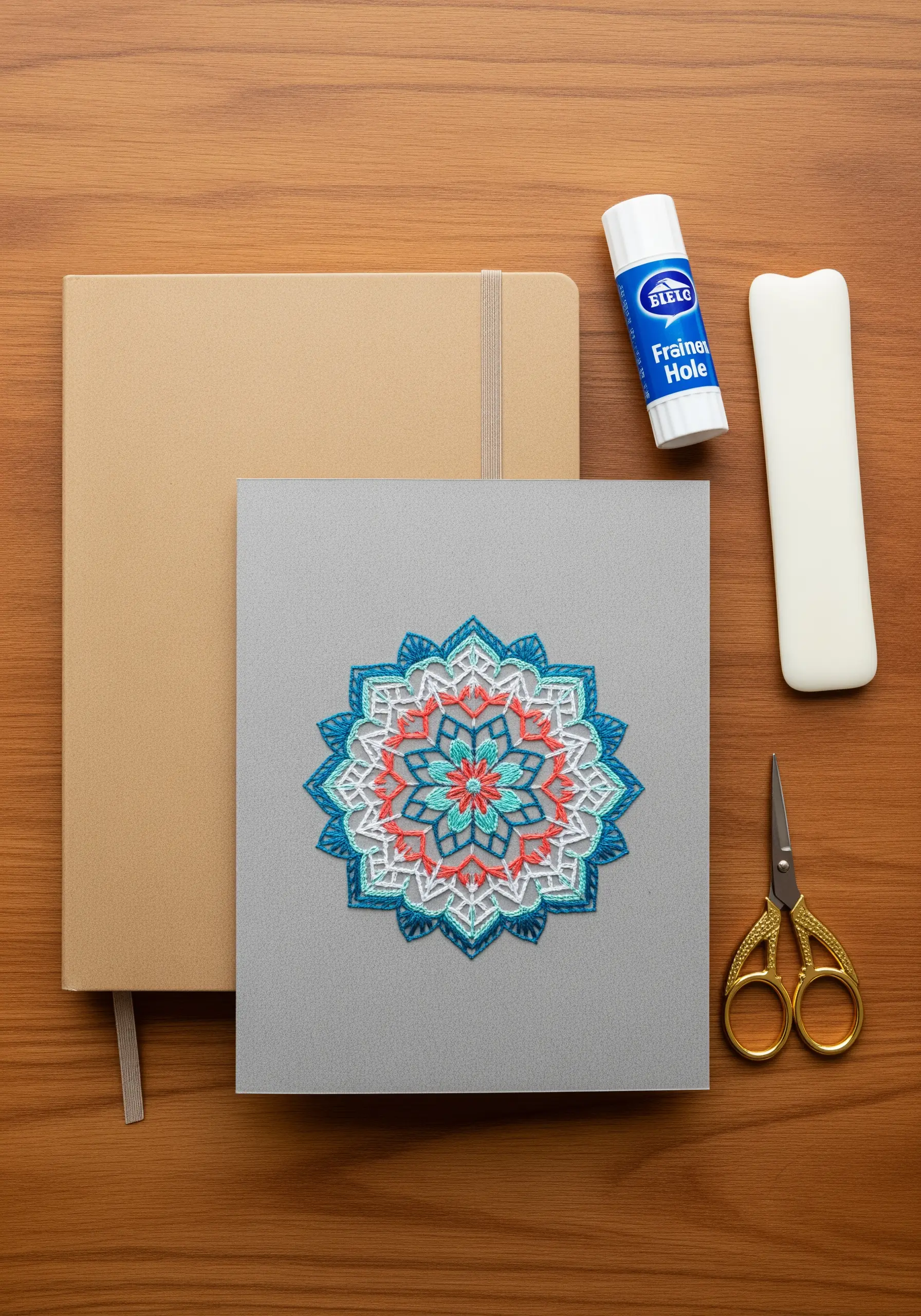 Intricate embroidered mandala with layered stitches on grey cardstock.