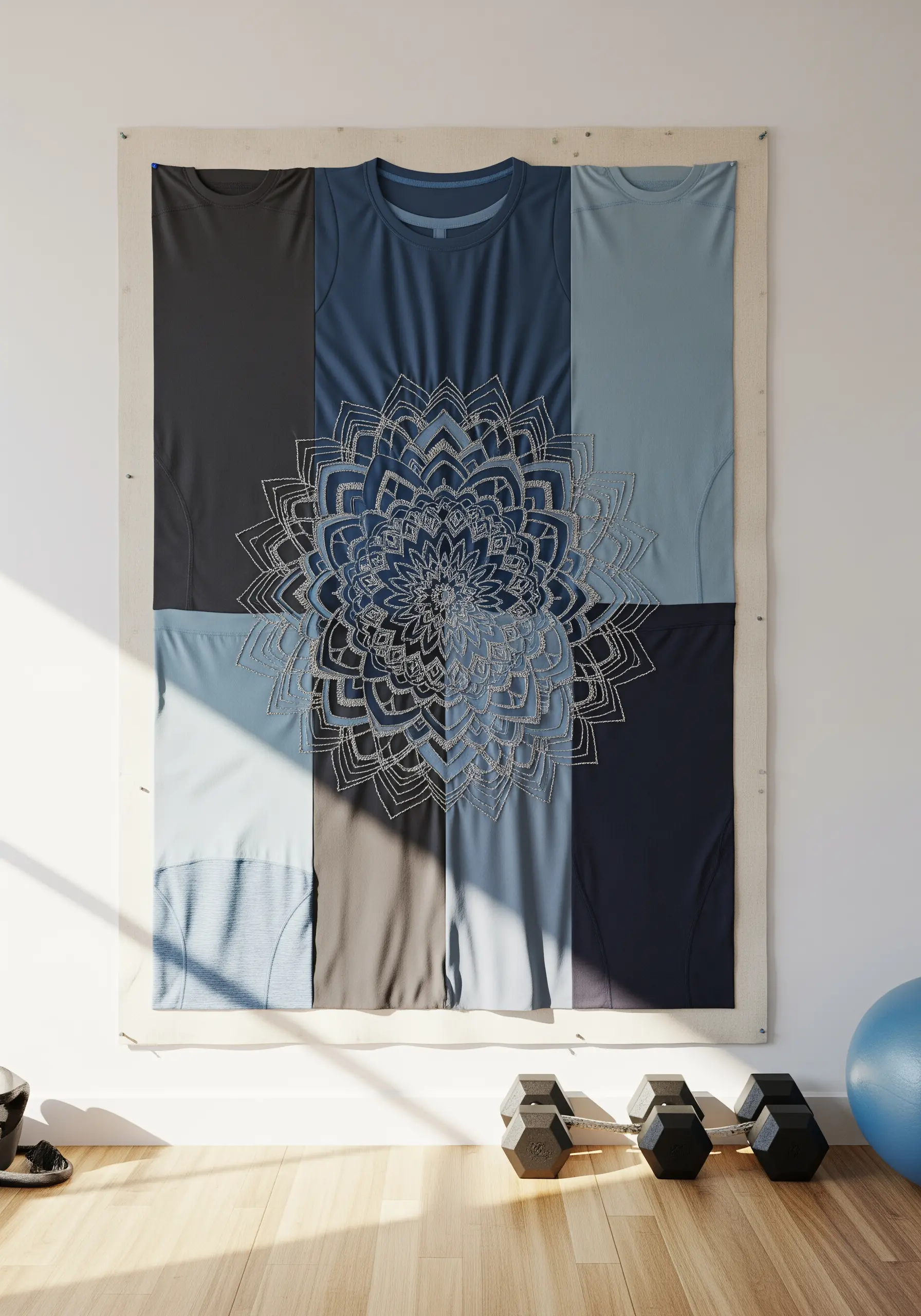 A quilt made of blue and gray t-shirts, with a large, intricate silver mandala embroidered over it.