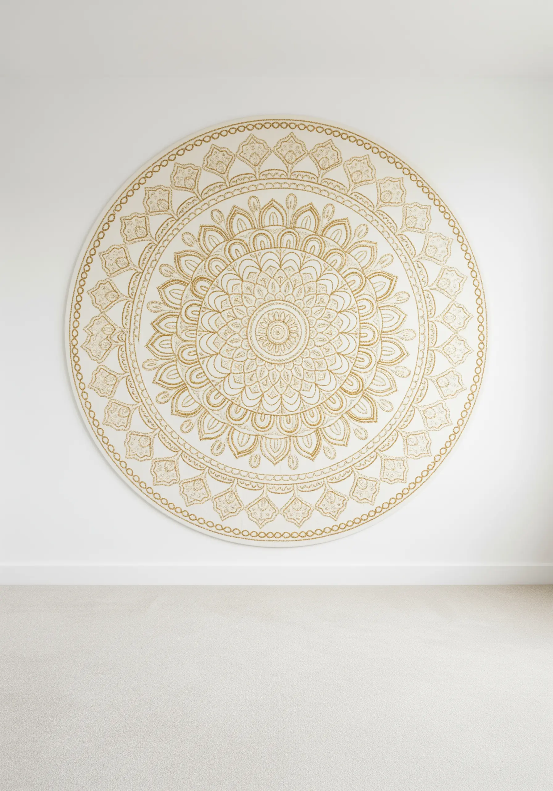 A large, intricate gold thread mandala embroidered on a round white canvas.