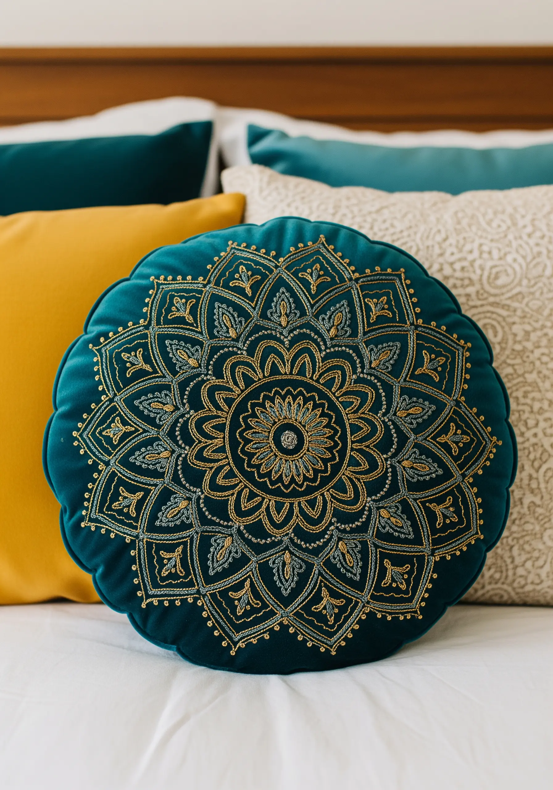 Intricate gold and silver mandala embroidered on a round teal velvet cushion.