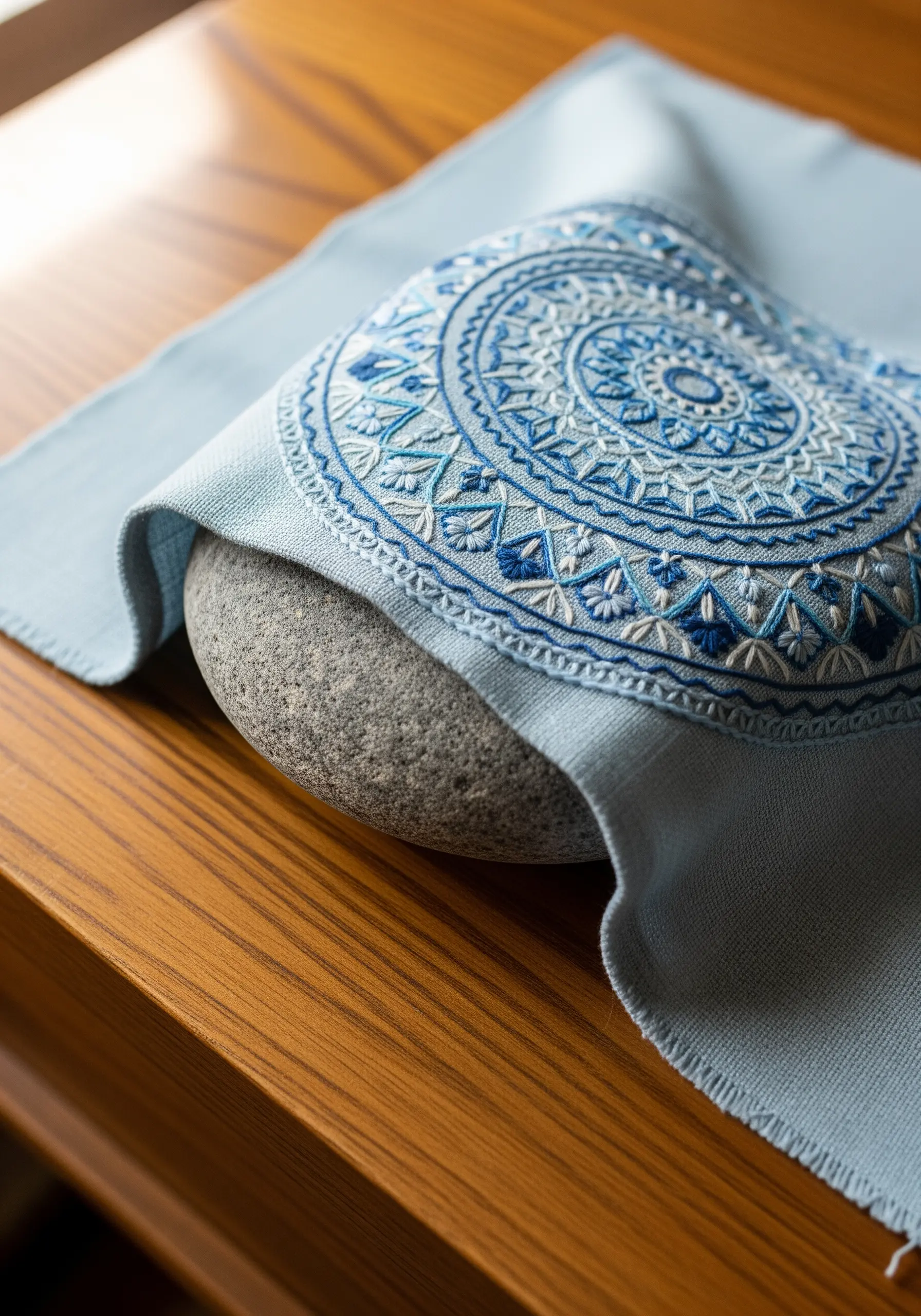 A blue and white embroidered mandala on light blue linen, draped over a smooth grey stone.