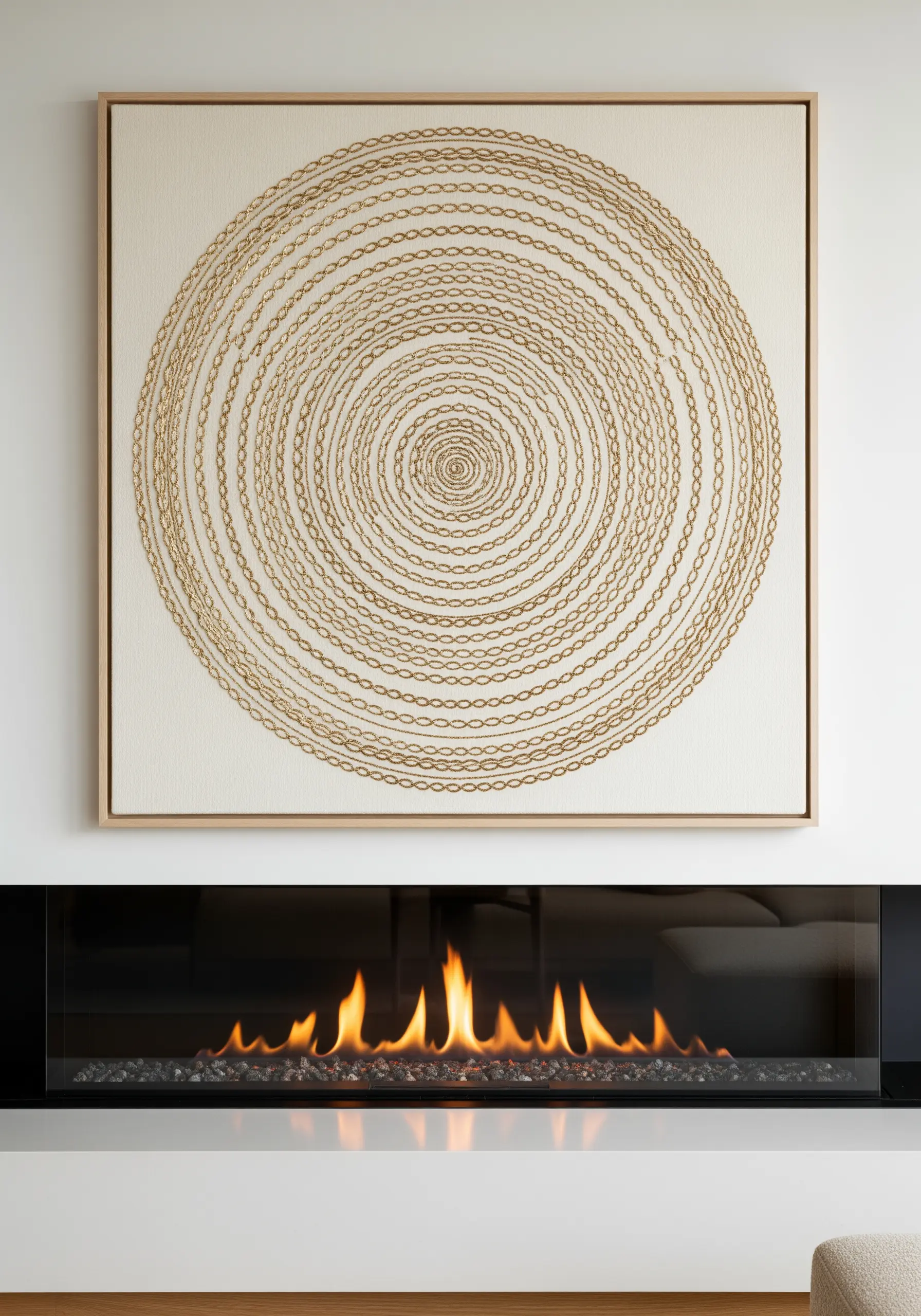 A large framed artwork of concentric circles made with gold chain stitch.