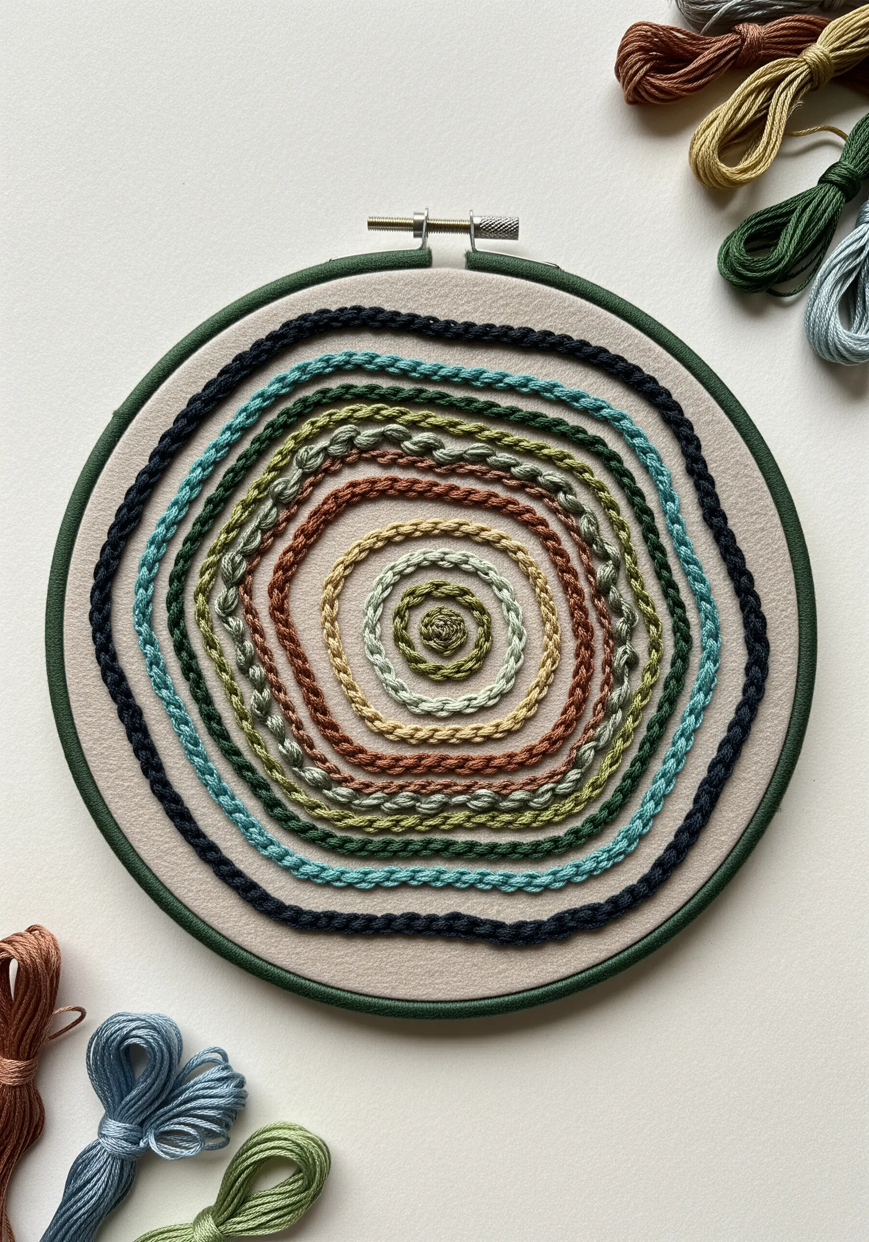 Concentric rings of chain stitch in various earth tones creating a spiral effect.