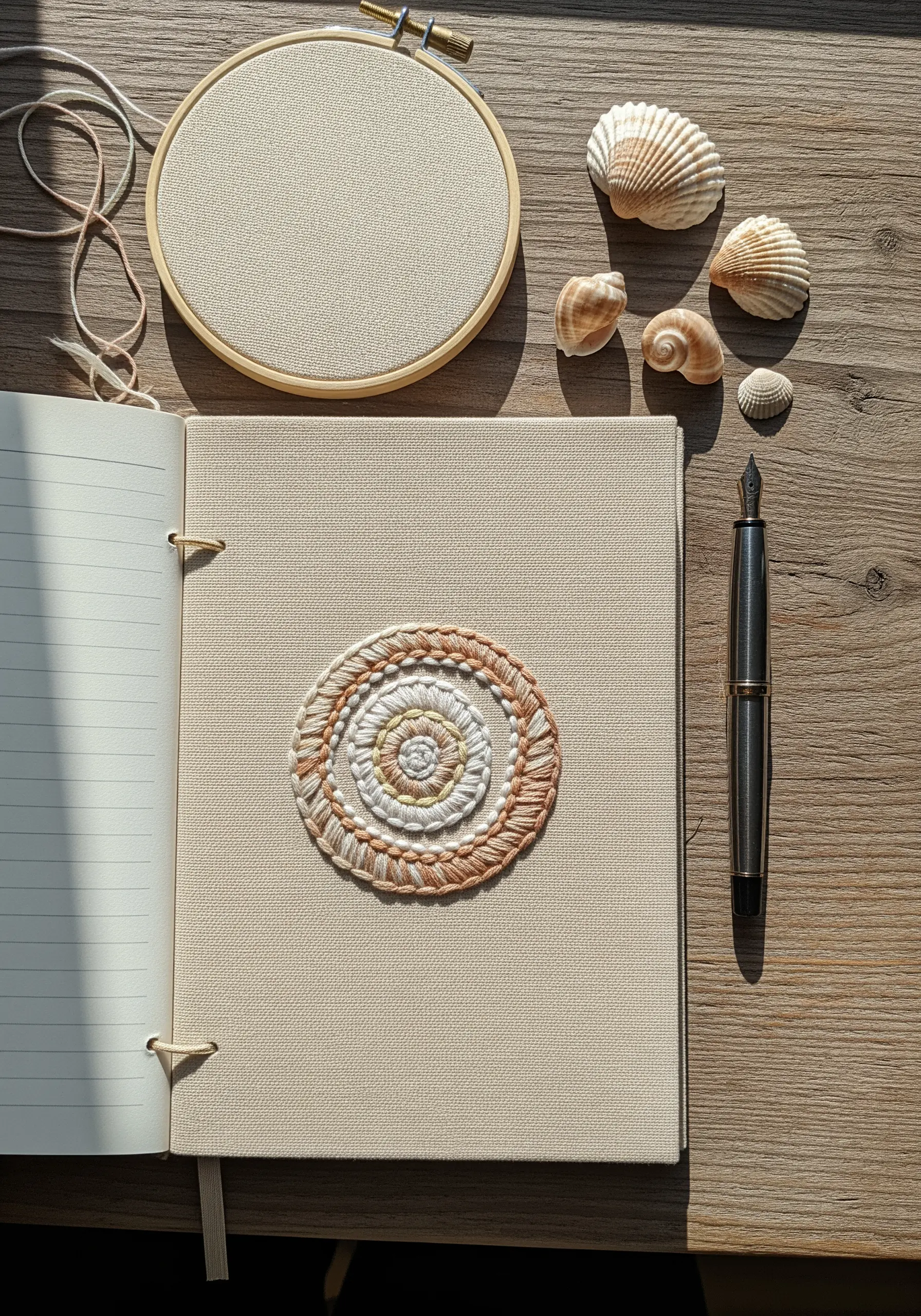 Small embroidered circular motif on a journal cover in neutral tones.