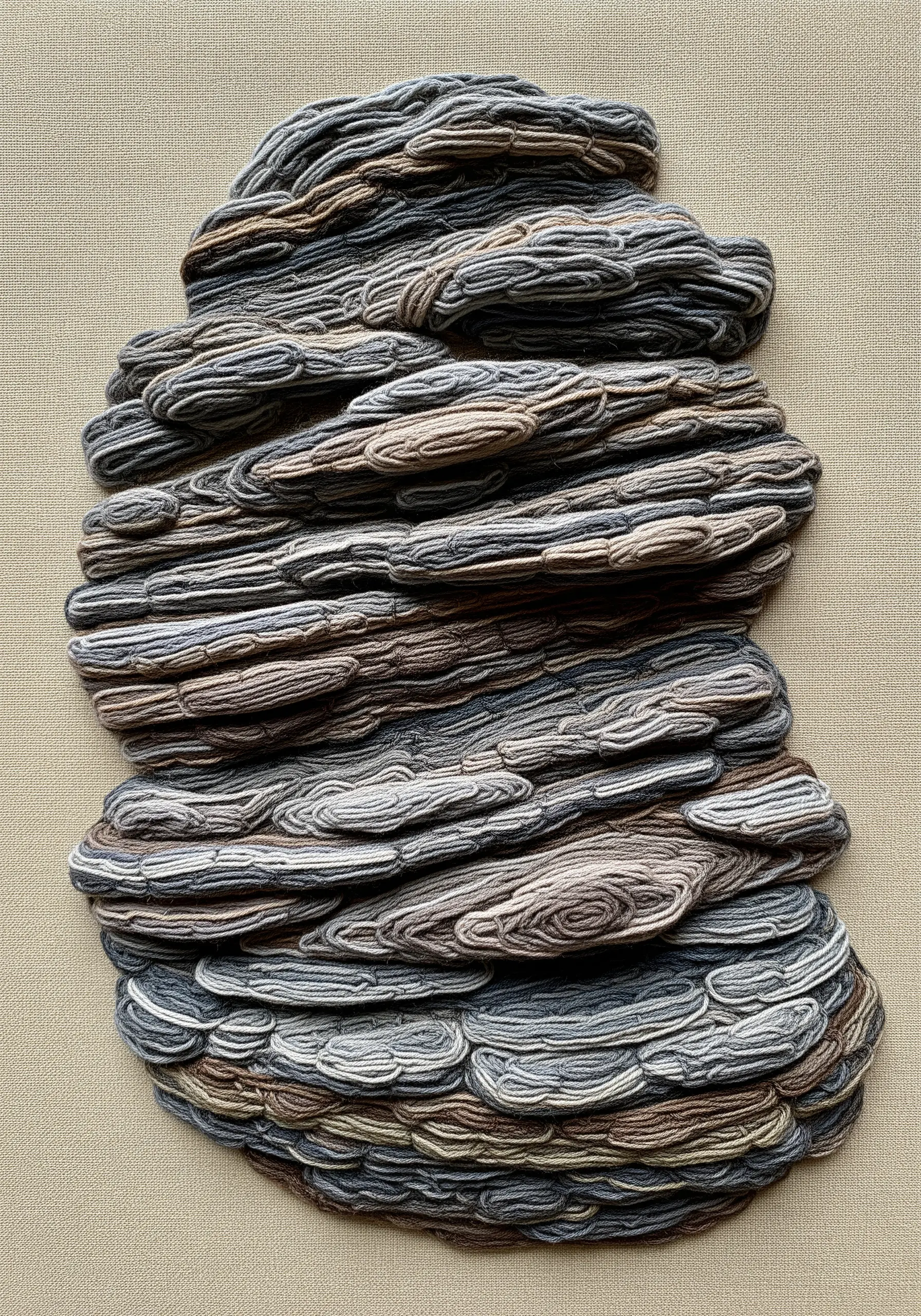 Stacked, organic forms resembling stones, made from wrapped variegated yarn.