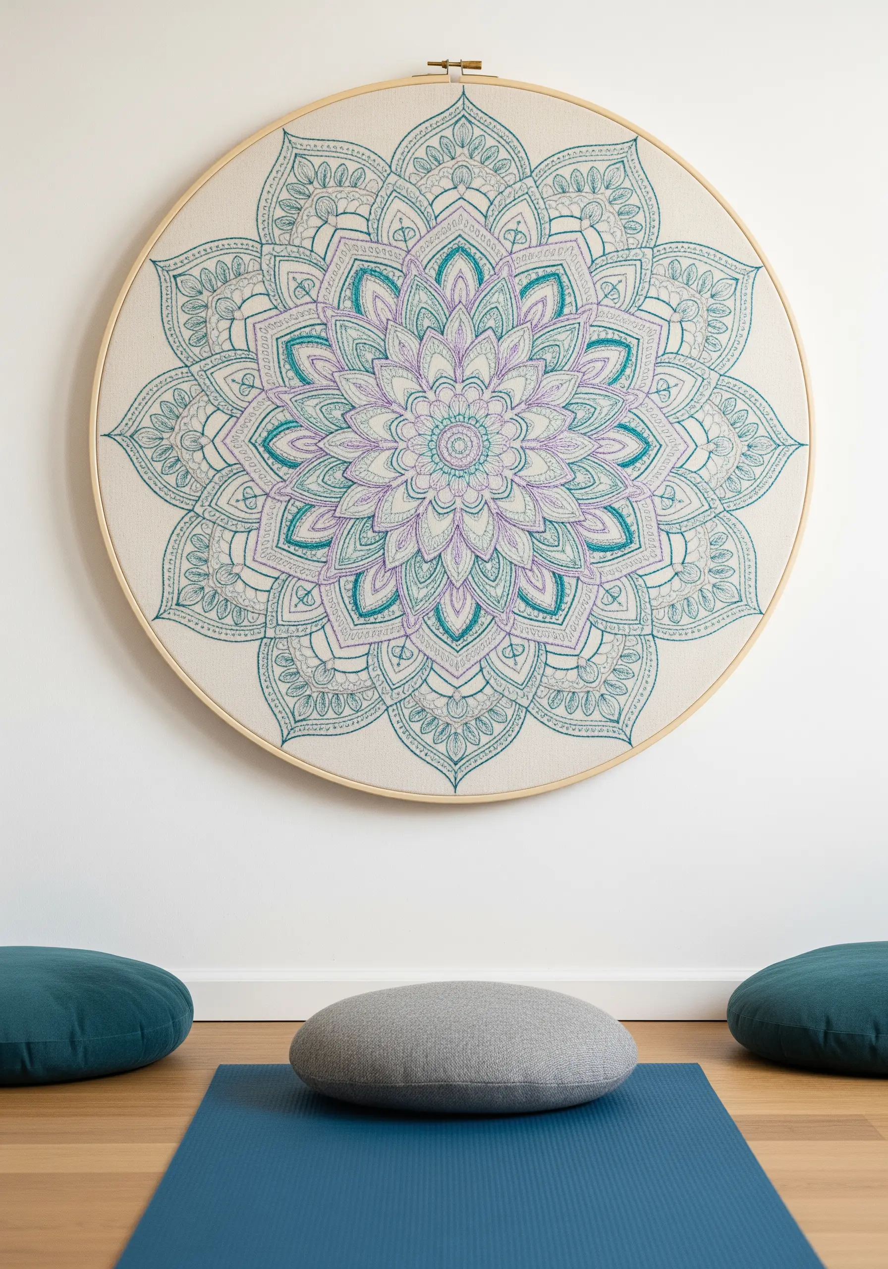 A large, intricate mandala design stitched in shades of teal and lavender on off-white fabric.