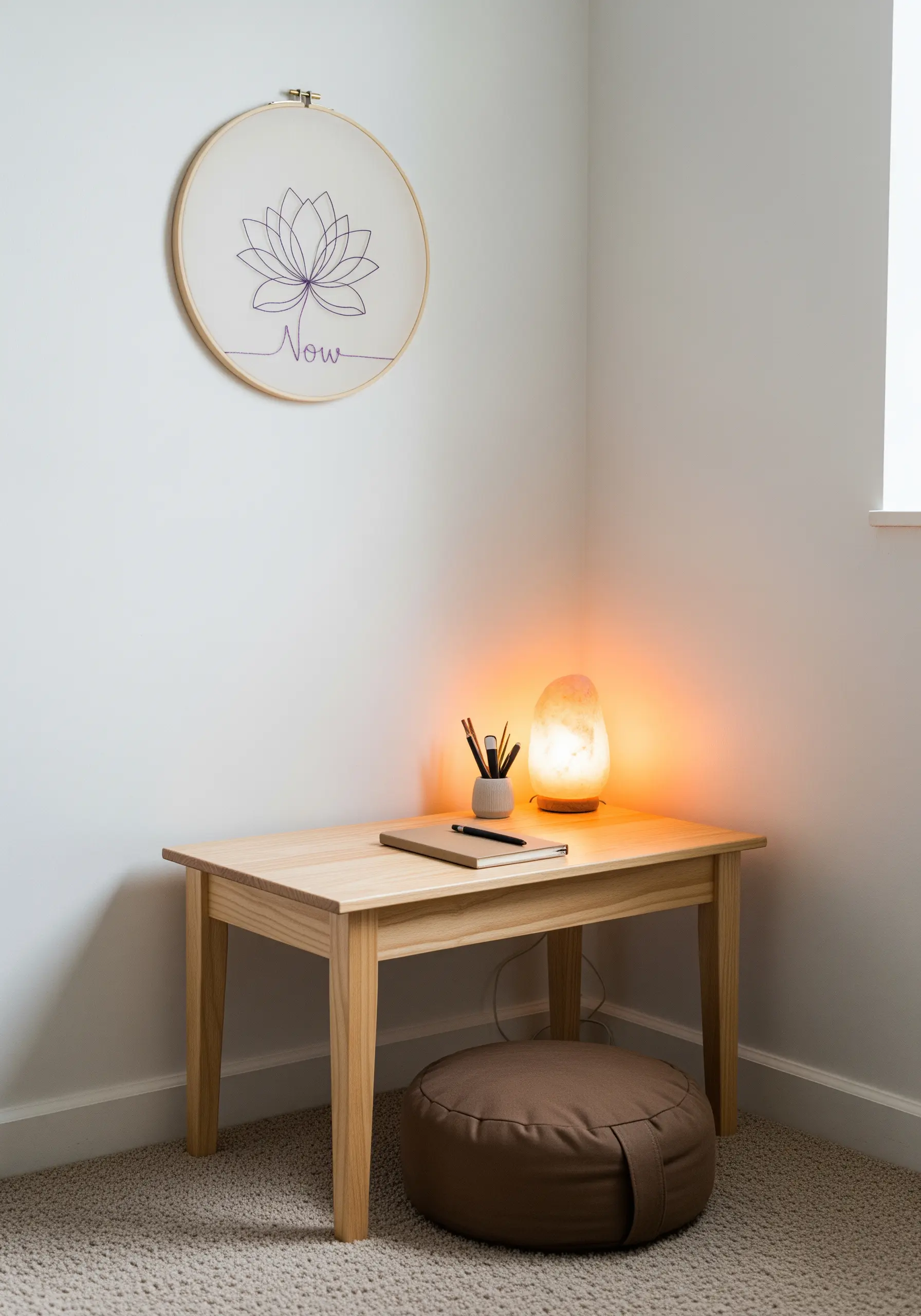 A minimalist hoop with a single-line lotus flower drawing above the word 'Now'.