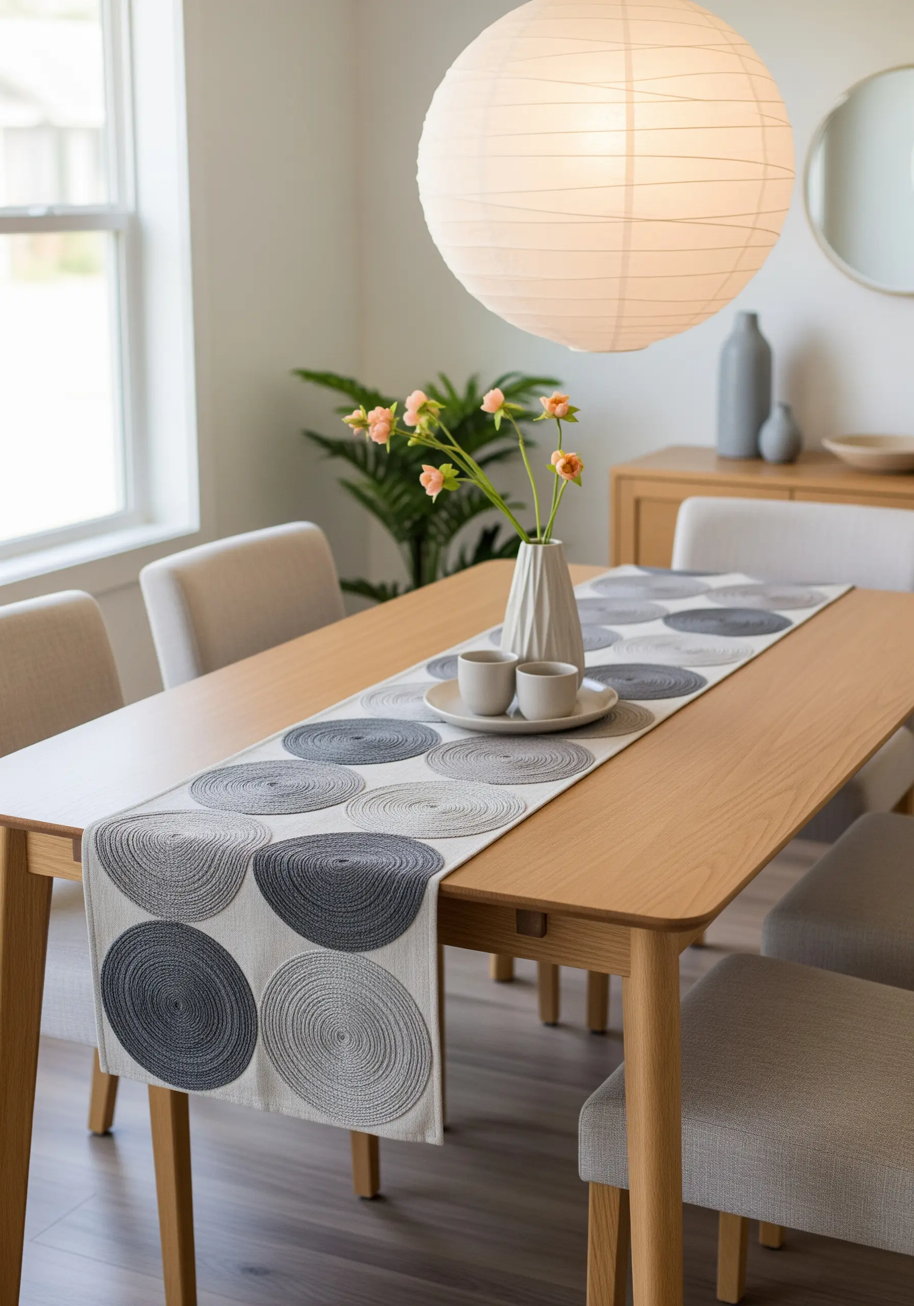 Textured, spiraling circles in shades of gray on a light table runner