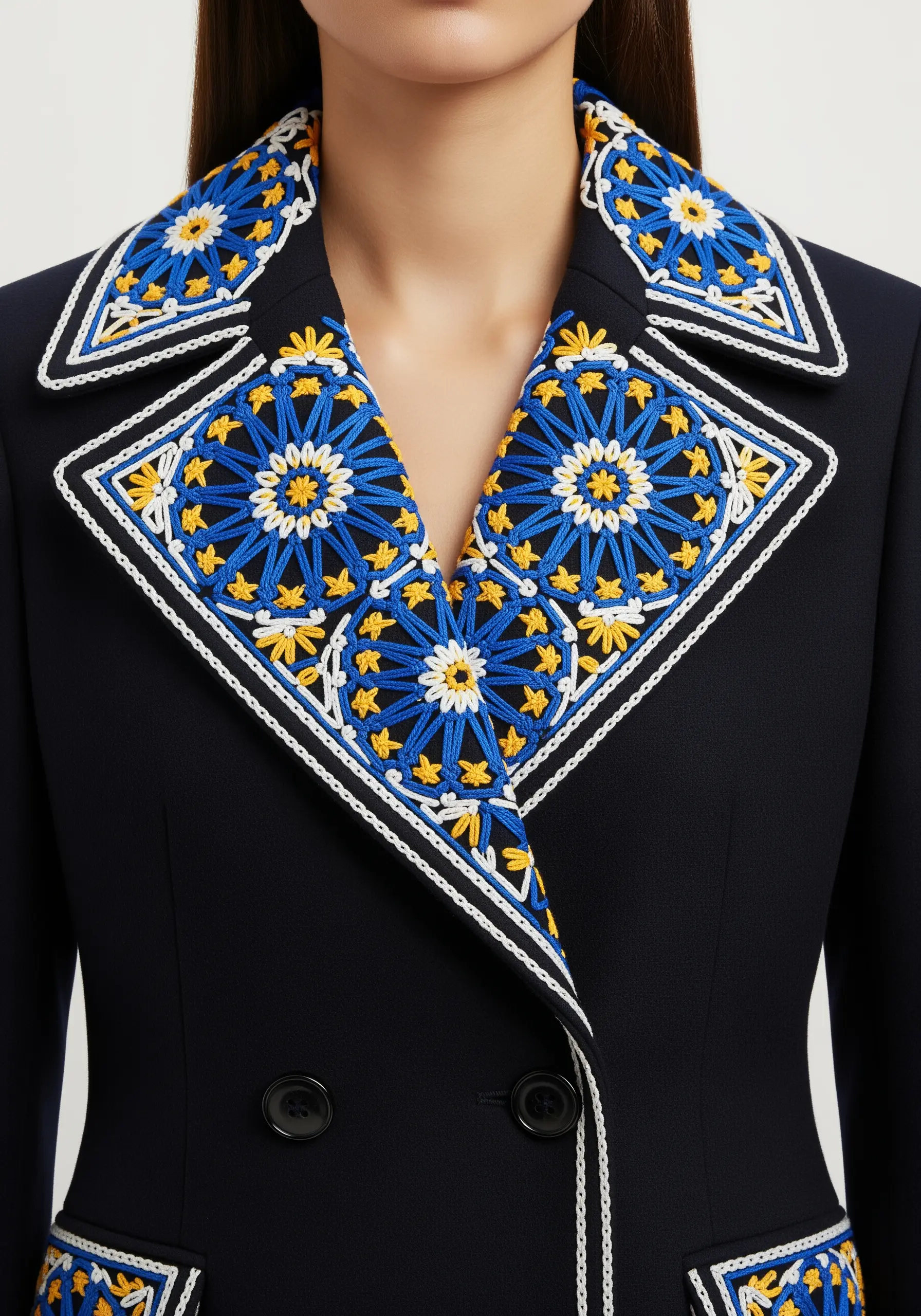 Geometric mosaic-style embroidery in blue, yellow, and white on a blazer's lapels.