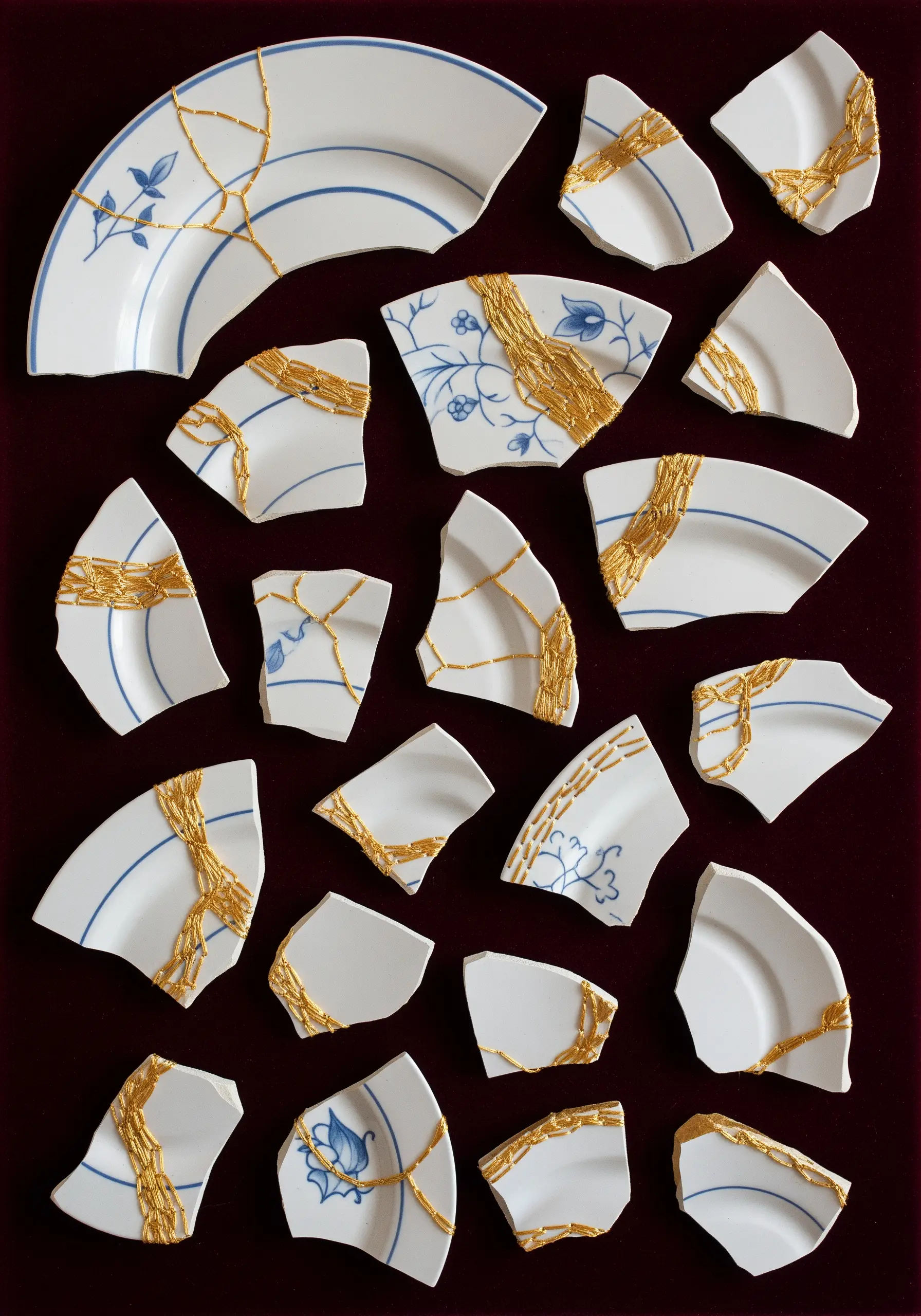 Broken pieces of a ceramic plate arranged and “mended” with gold, Kintsugi-style.
