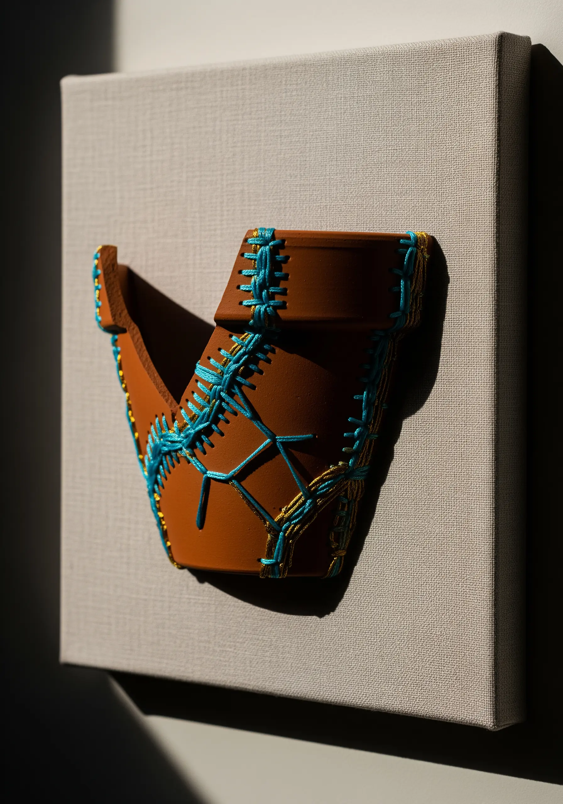 A broken piece of terracotta pottery is mounted on canvas and 'mended' with bright blue thread.