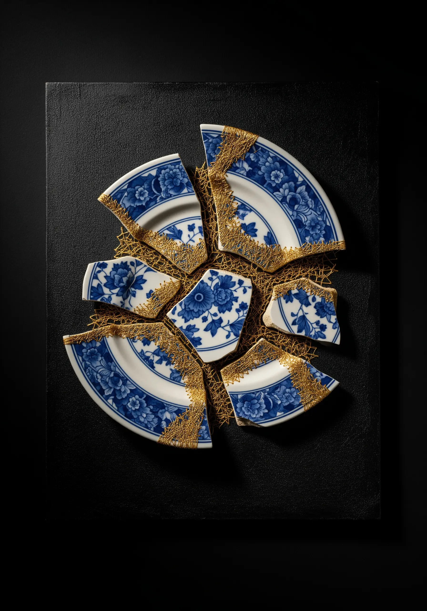 Broken blue and white ceramic plate pieces 'mended' with a web of golden thread.