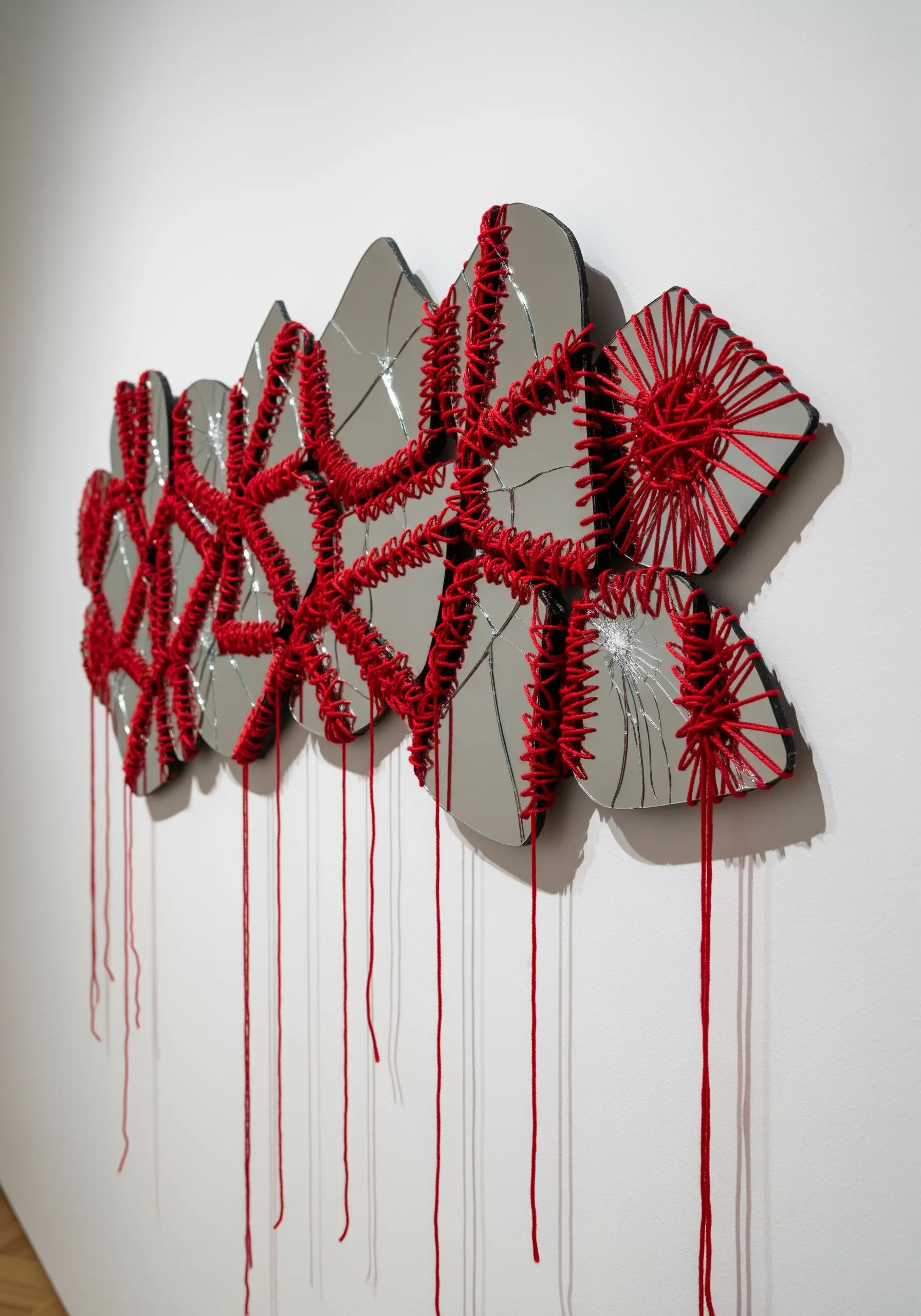 A fractured mirror reassembled with thick, bright red thread stitched over the cracks.