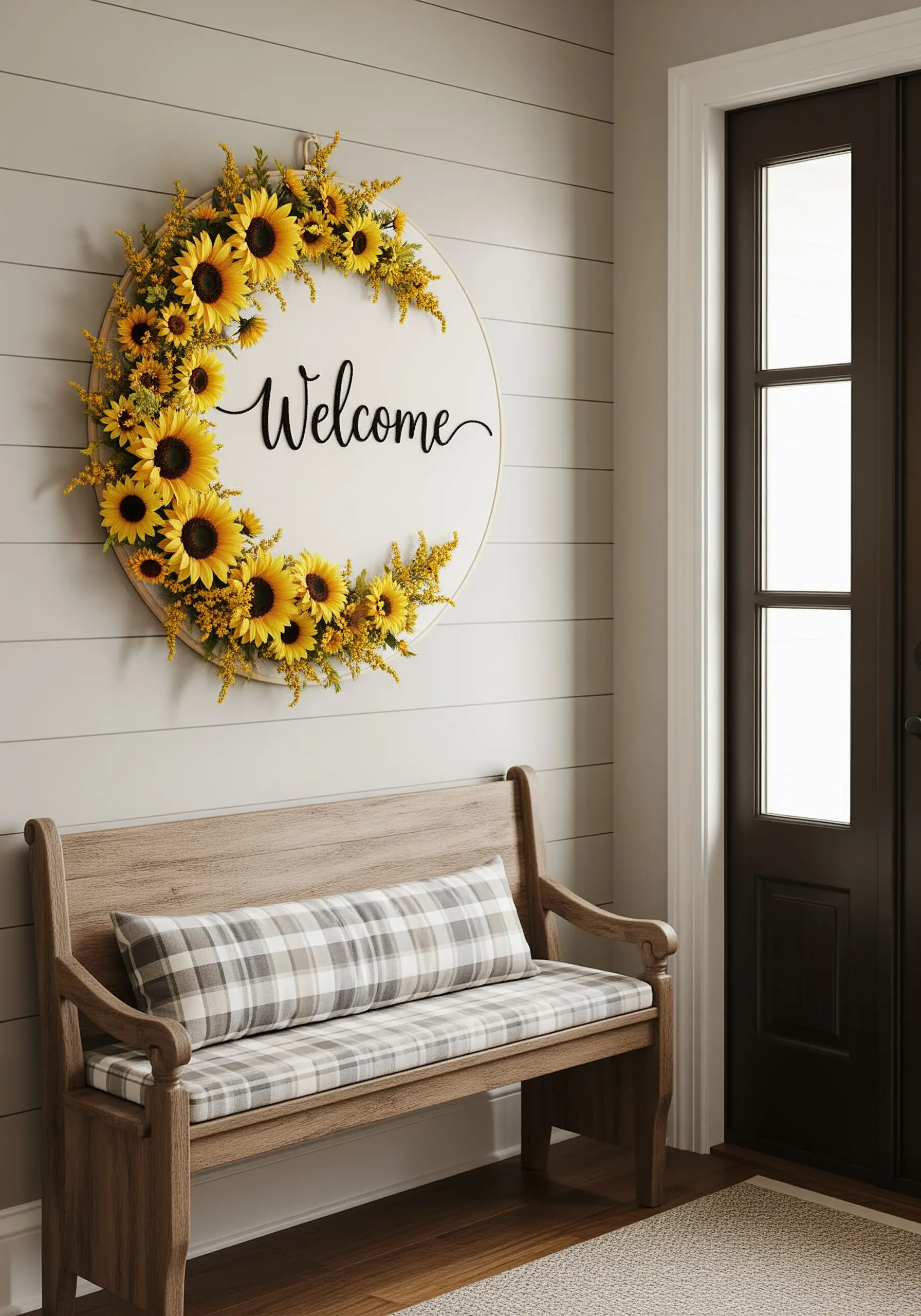 A large 'Welcome' sign in an embroidery hoop, framed with 3D faux sunflowers.