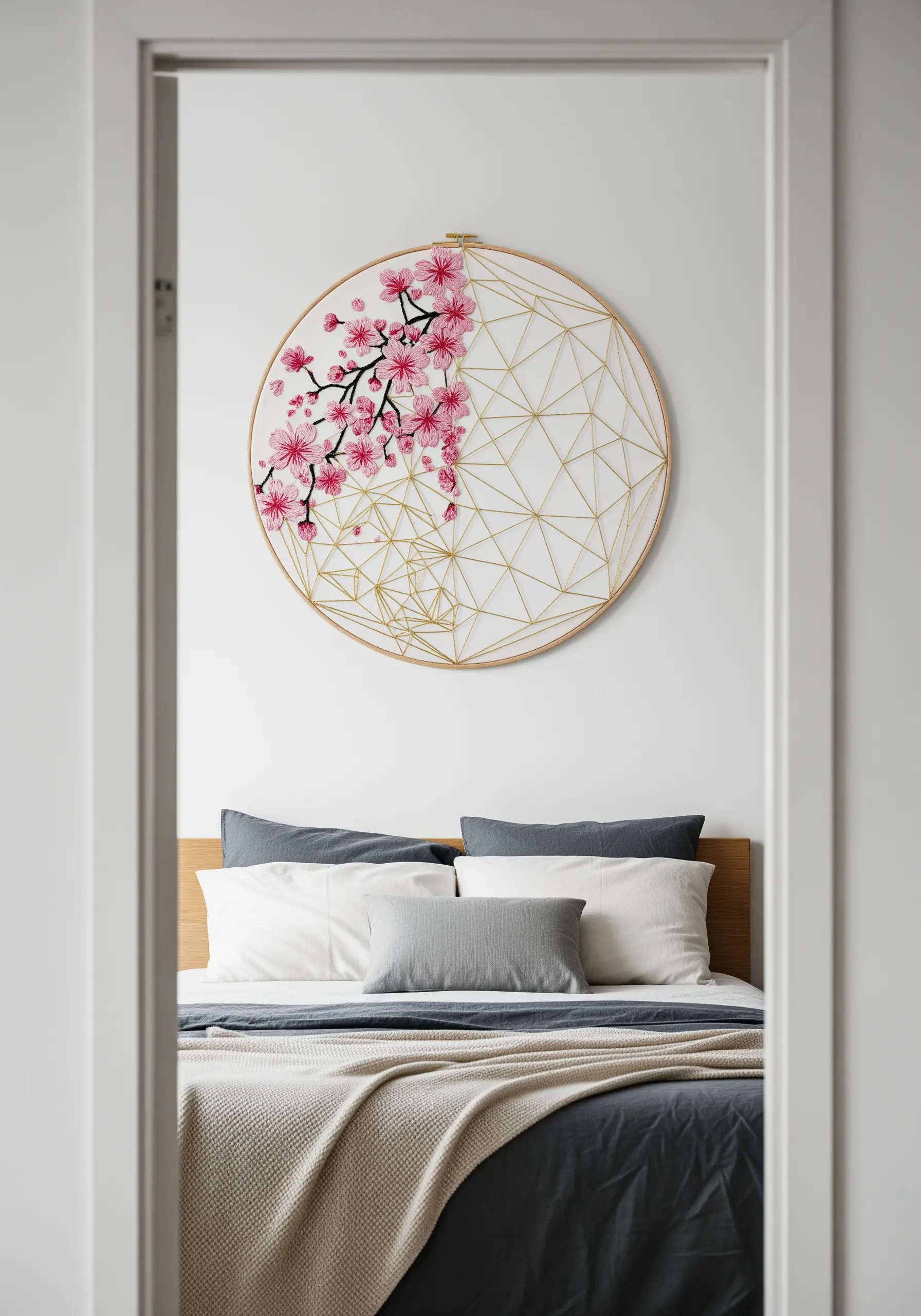An embroidery hoop combining a branch of pink cherry blossoms with a gold geometric line pattern.