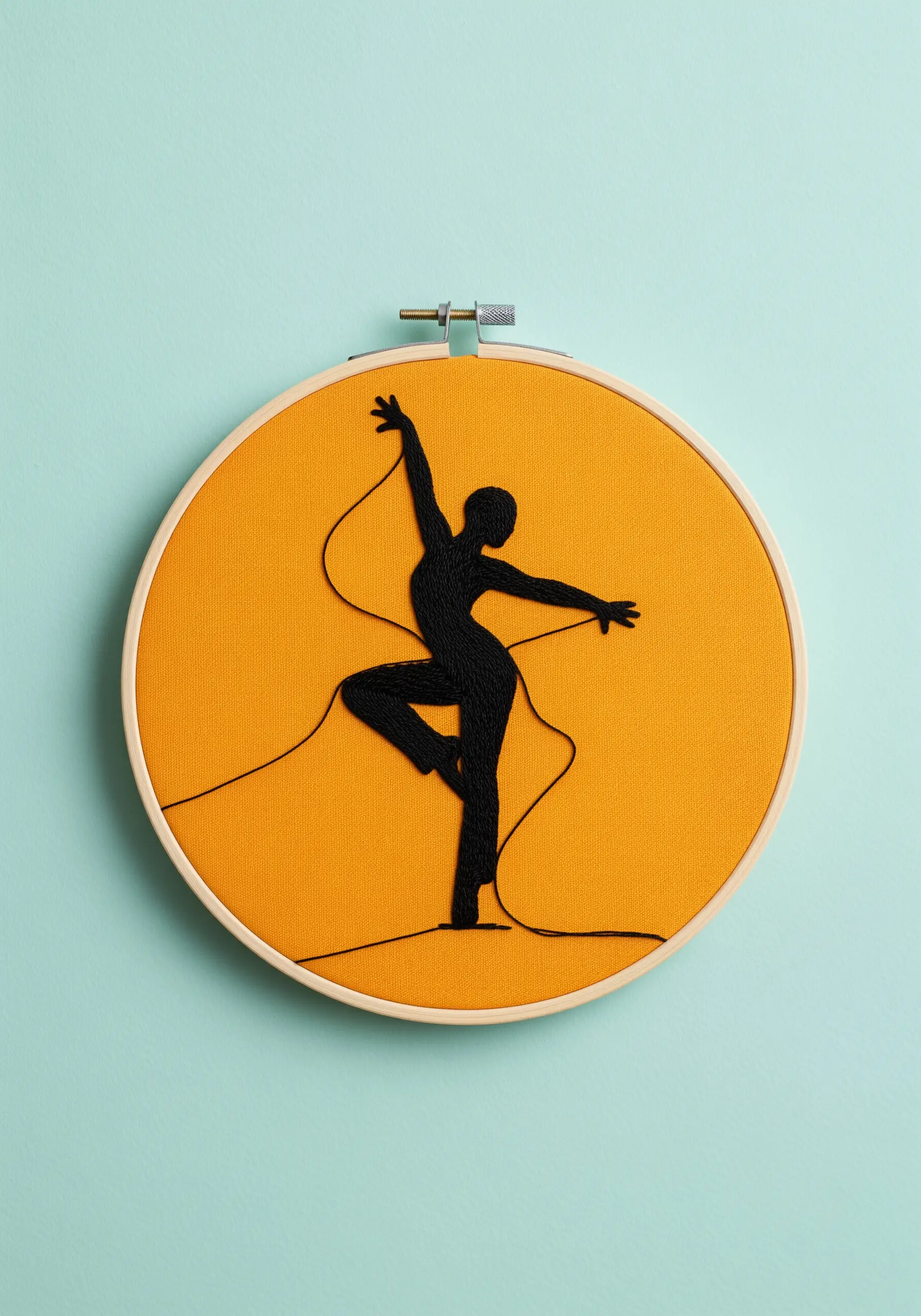 Black satin stitch silhouette of a dancer with loose trailing threads.