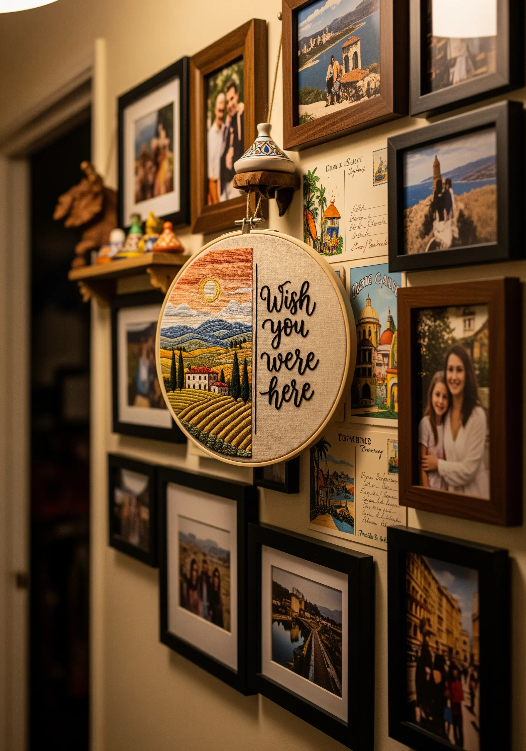 An embroidery hoop split between a Tuscan landscape and the text 'Wish you were here.'
