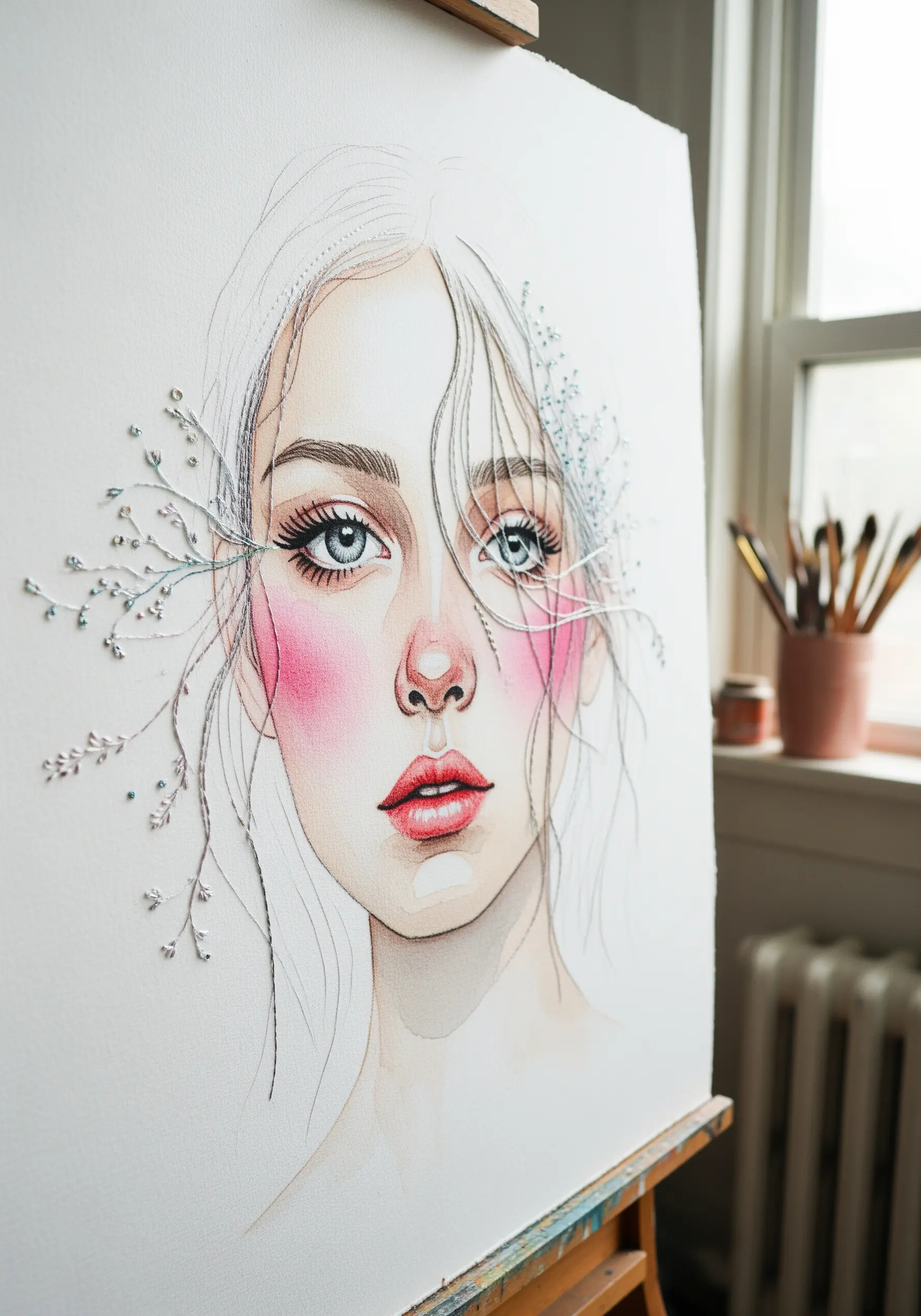 An ethereal portrait with soft watercolor washes for the skin and delicate embroidery for details.