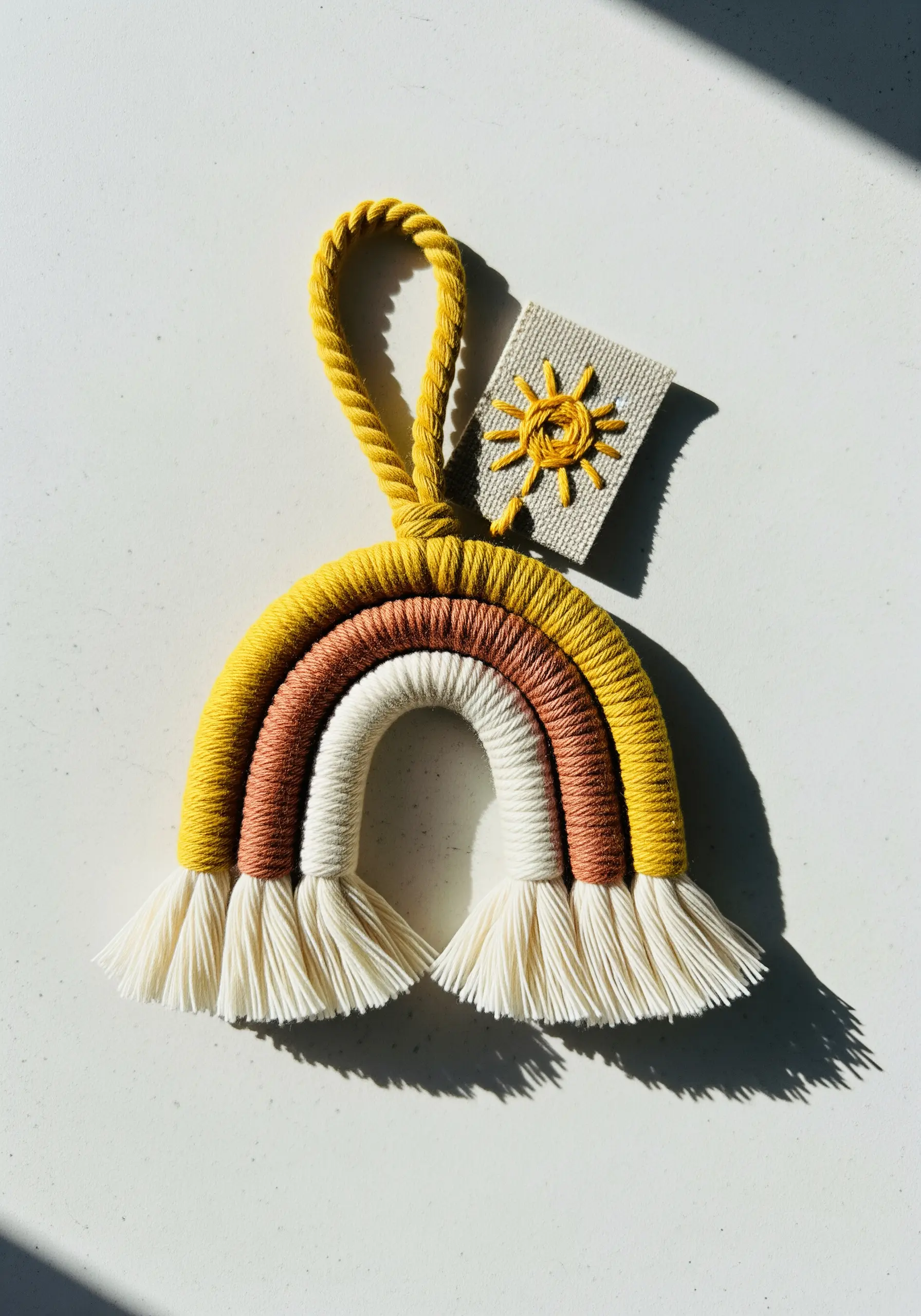 Macrame rainbow wall hanging with a small embroidered sun tag.