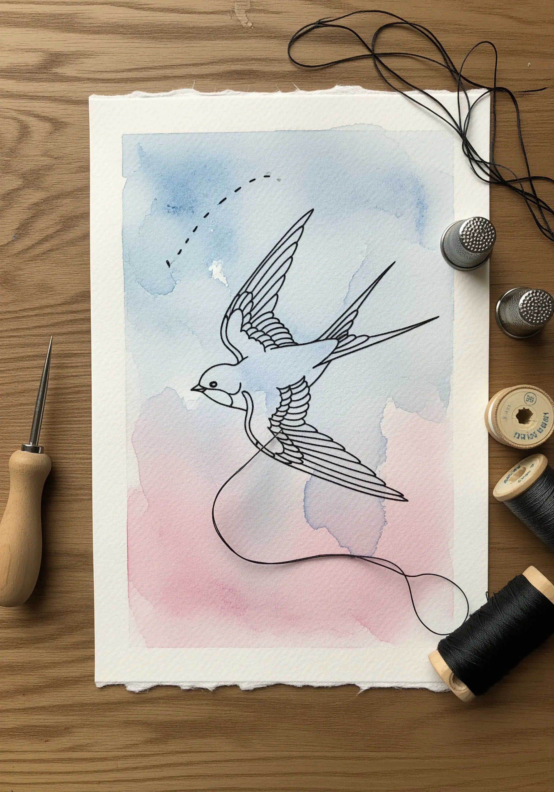 Black thread embroidery of a swallow stitched onto watercolor paper with a pink and blue wash.