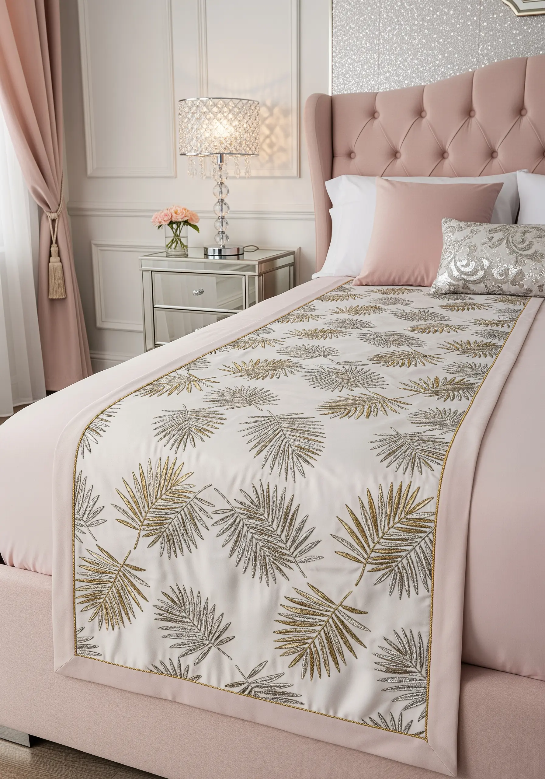 A white bed runner embroidered with a scattered pattern of fern leaves in silver and gold metallic thread.