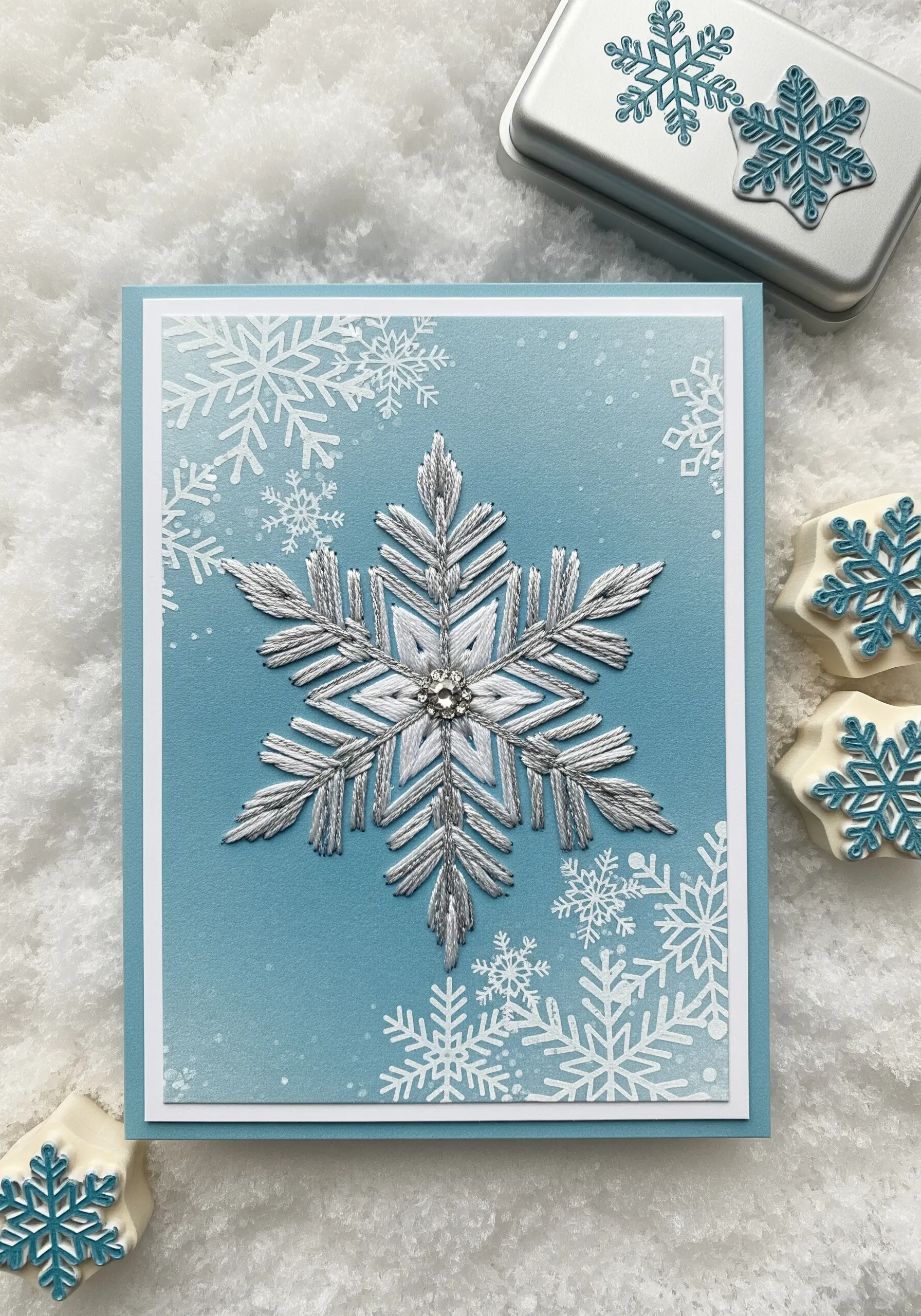 An embroidered snowflake in silver and white metallic thread on blue cardstock with a central gem.