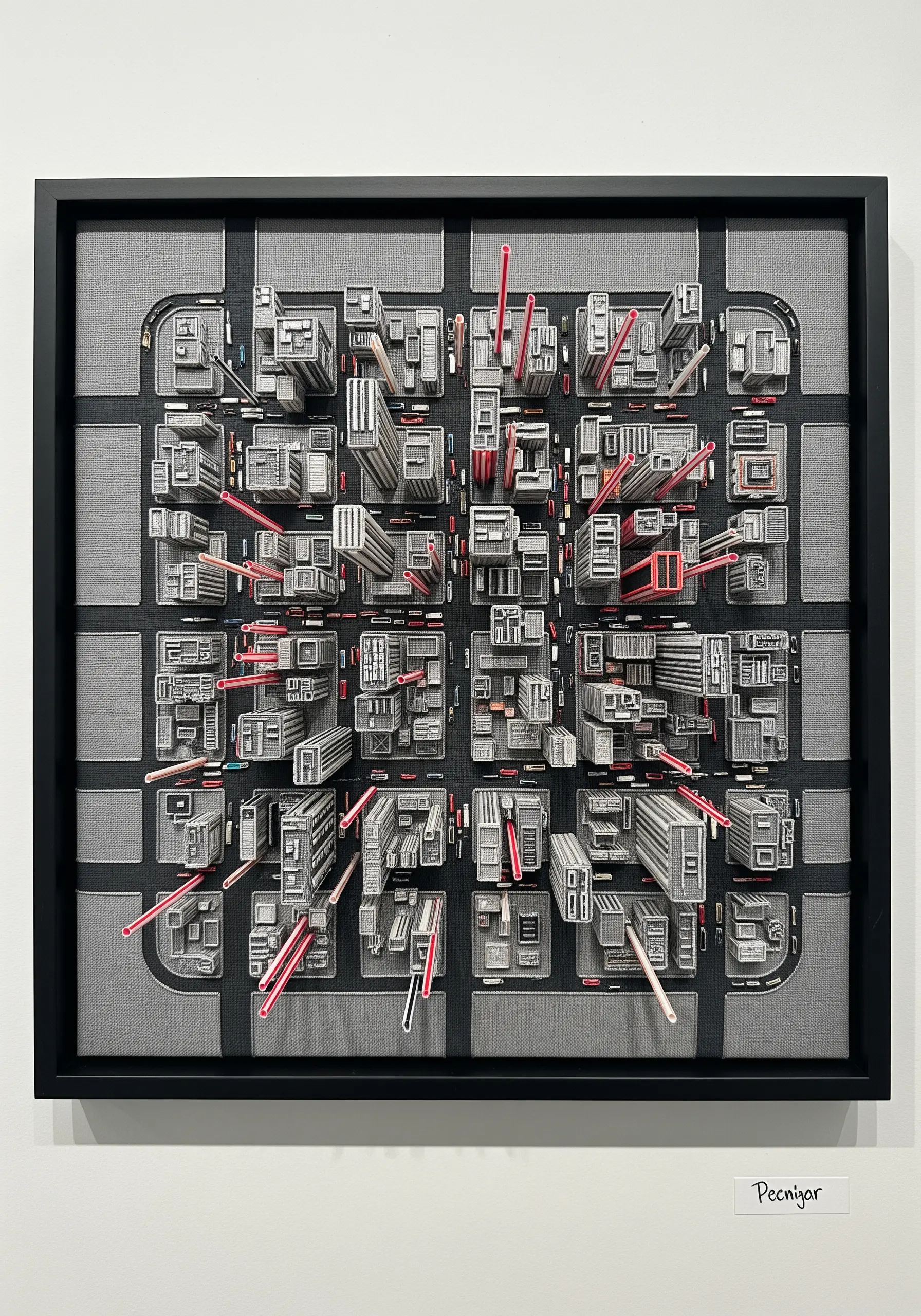 A 3D cityscape model made with thread-wrapped blocks and red accent stitches, framed.
