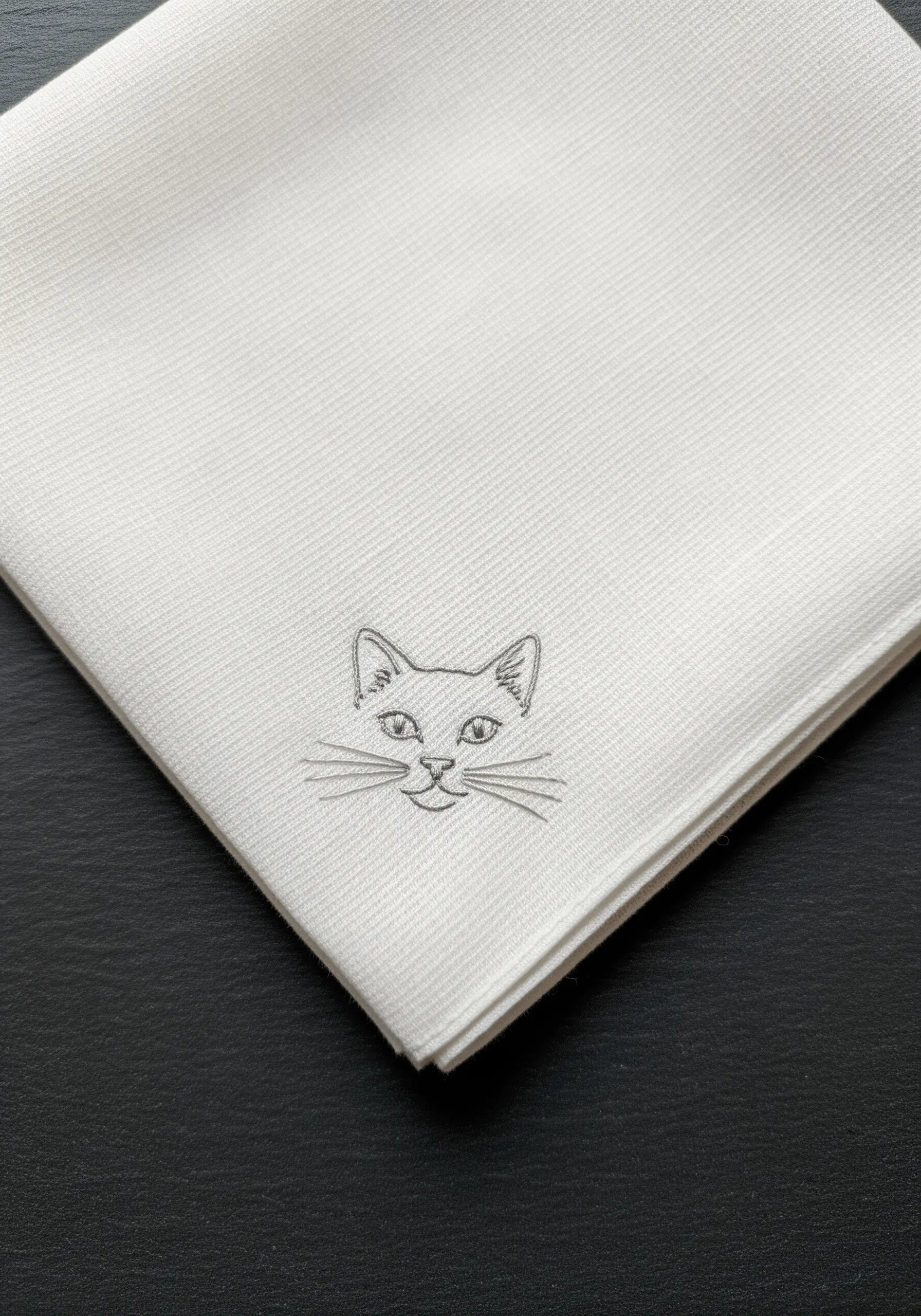 Tiny, single-thread line art embroidery of a cat's face on a white napkin.
