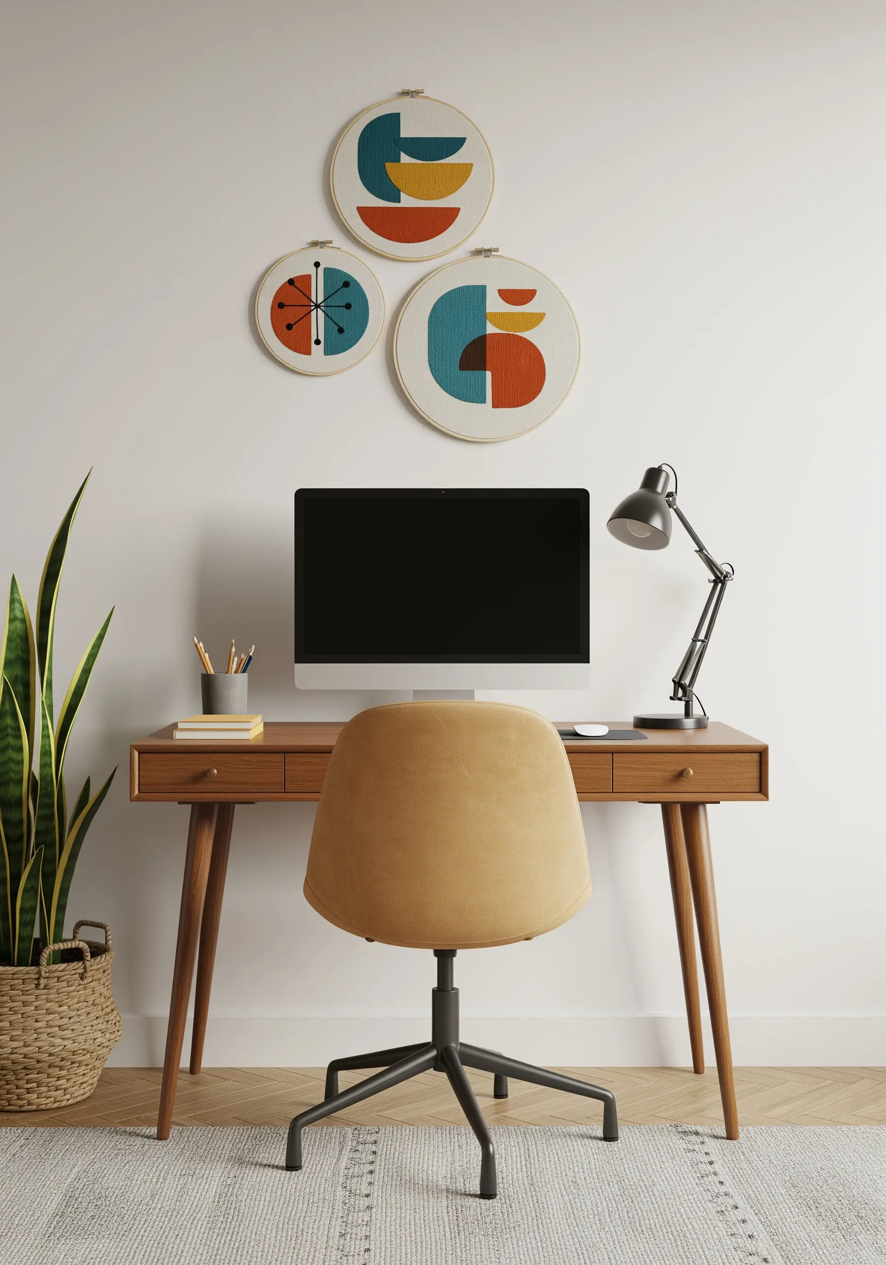 Three embroidery hoops with mid-century modern abstract color block designs.