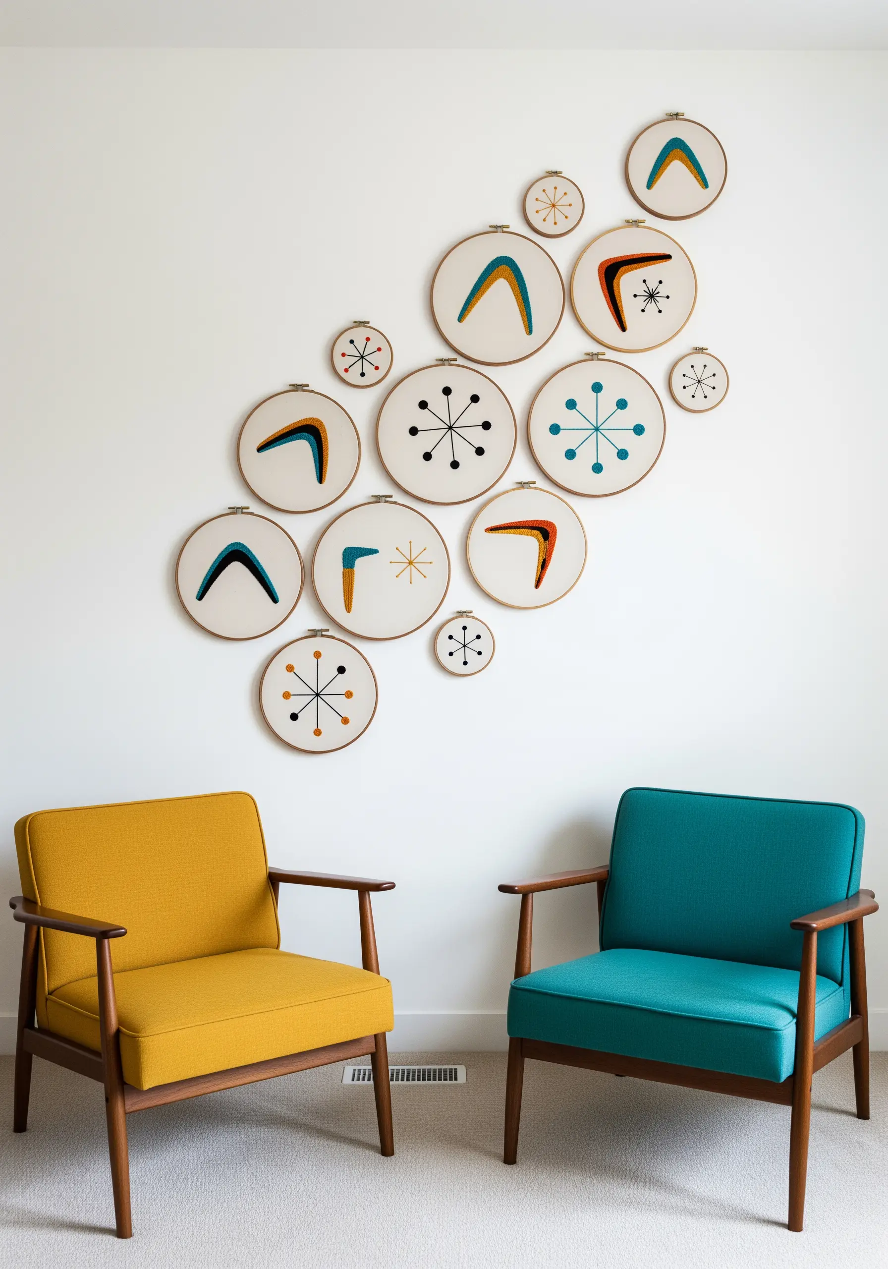 A wall collage of various-sized hoops featuring mid-century modern boomerangs and starbursts.