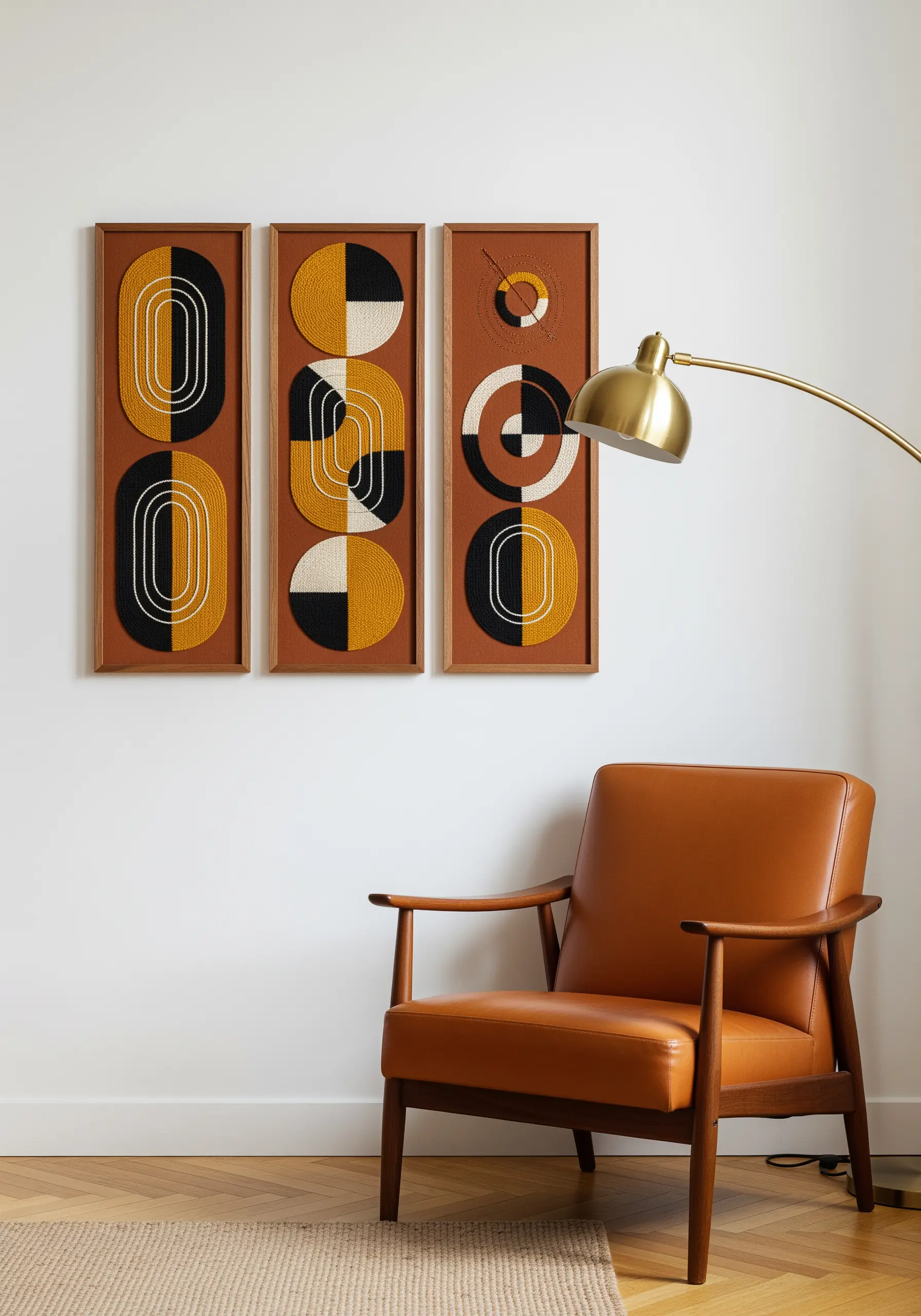 Triptych of mid-century modern geometric embroidery with dense satin stitch.