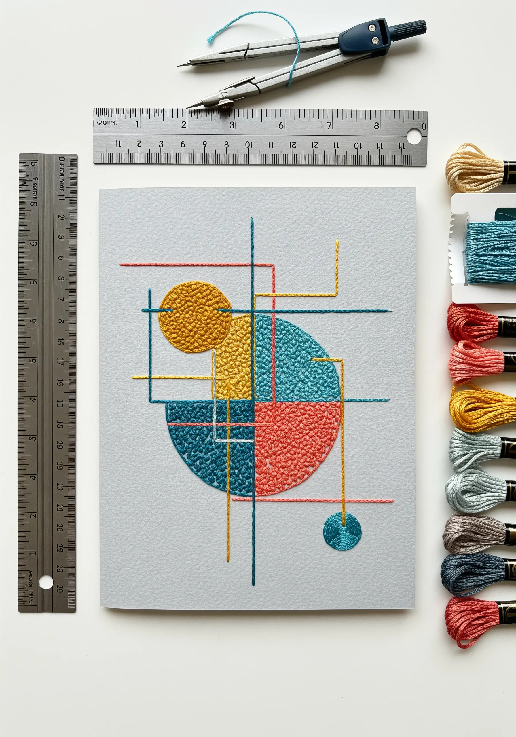 Abstract geometric embroidery with textured stitch-filled circles and straight lines.