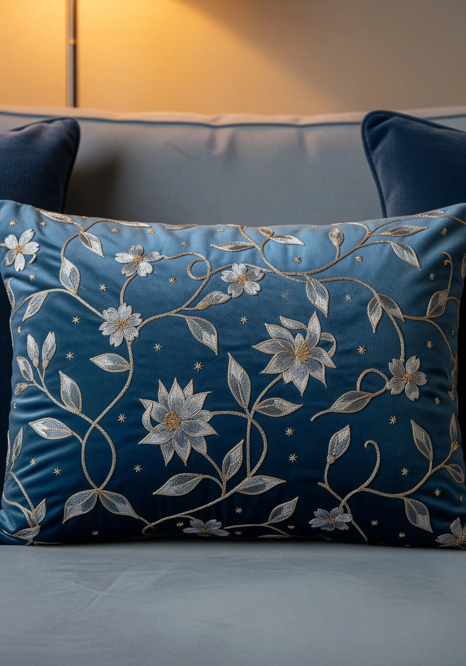 Silver and gold floral vines embroidered on a dark blue velvet cushion.