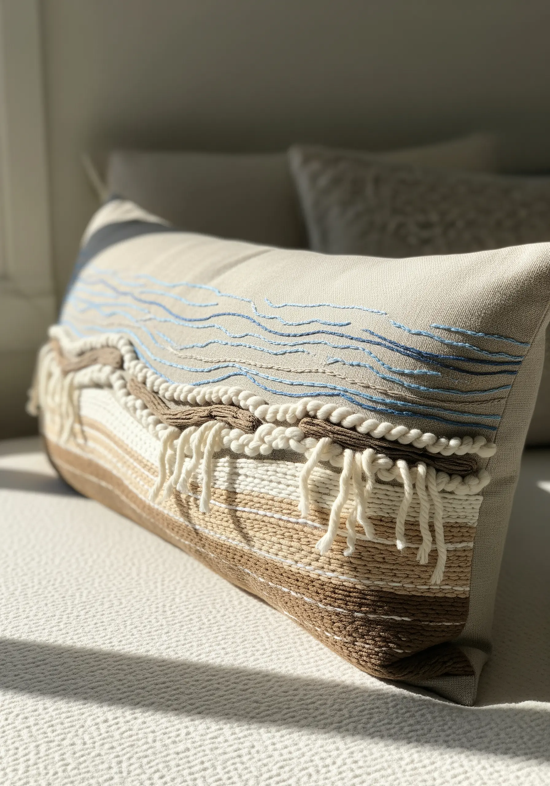 Lumbar pillow with an abstract coastal design using weaving, tassels, and embroidery.