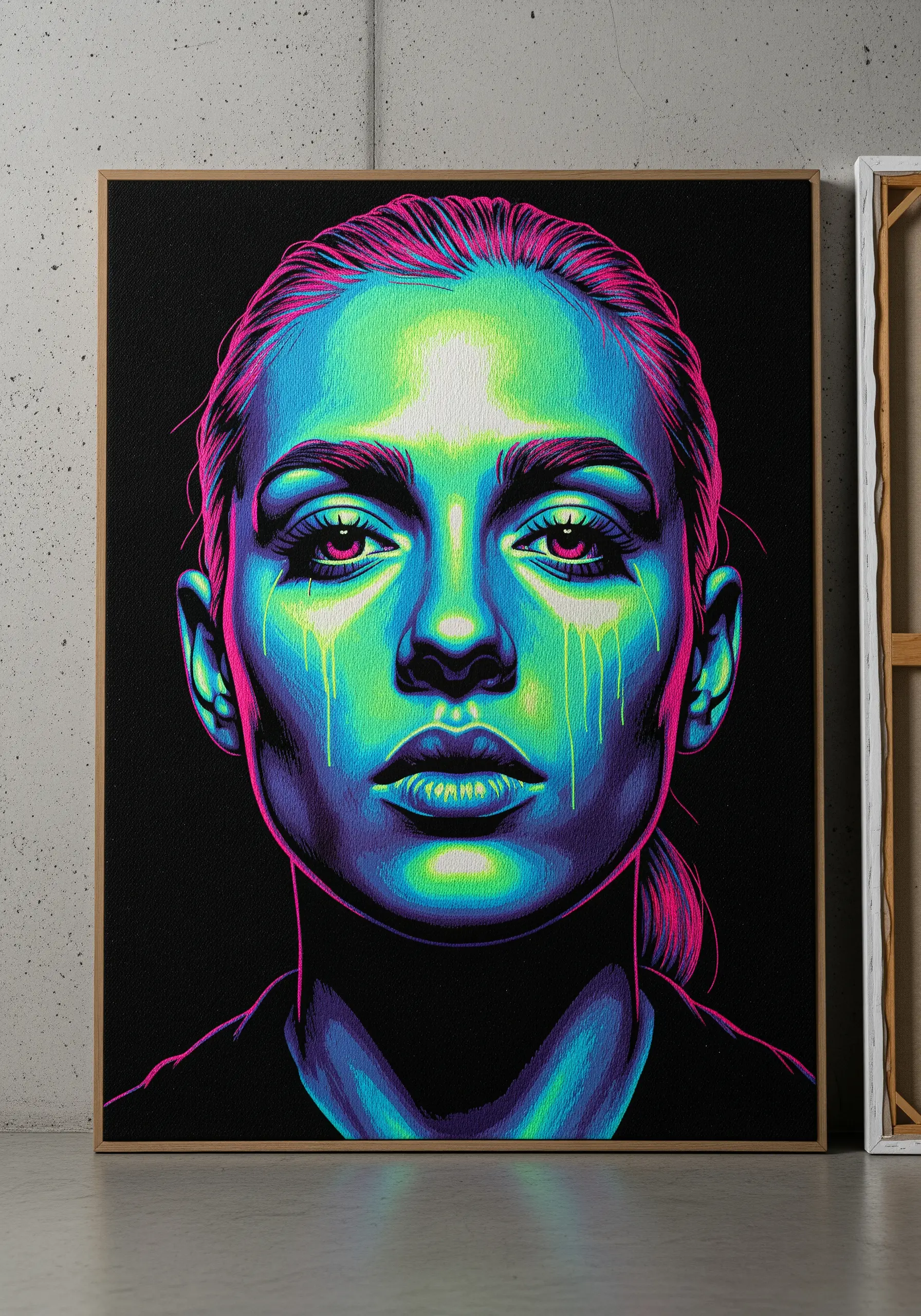 A vibrant, neon-colored embroidered portrait of a woman with glowing highlights and drips.