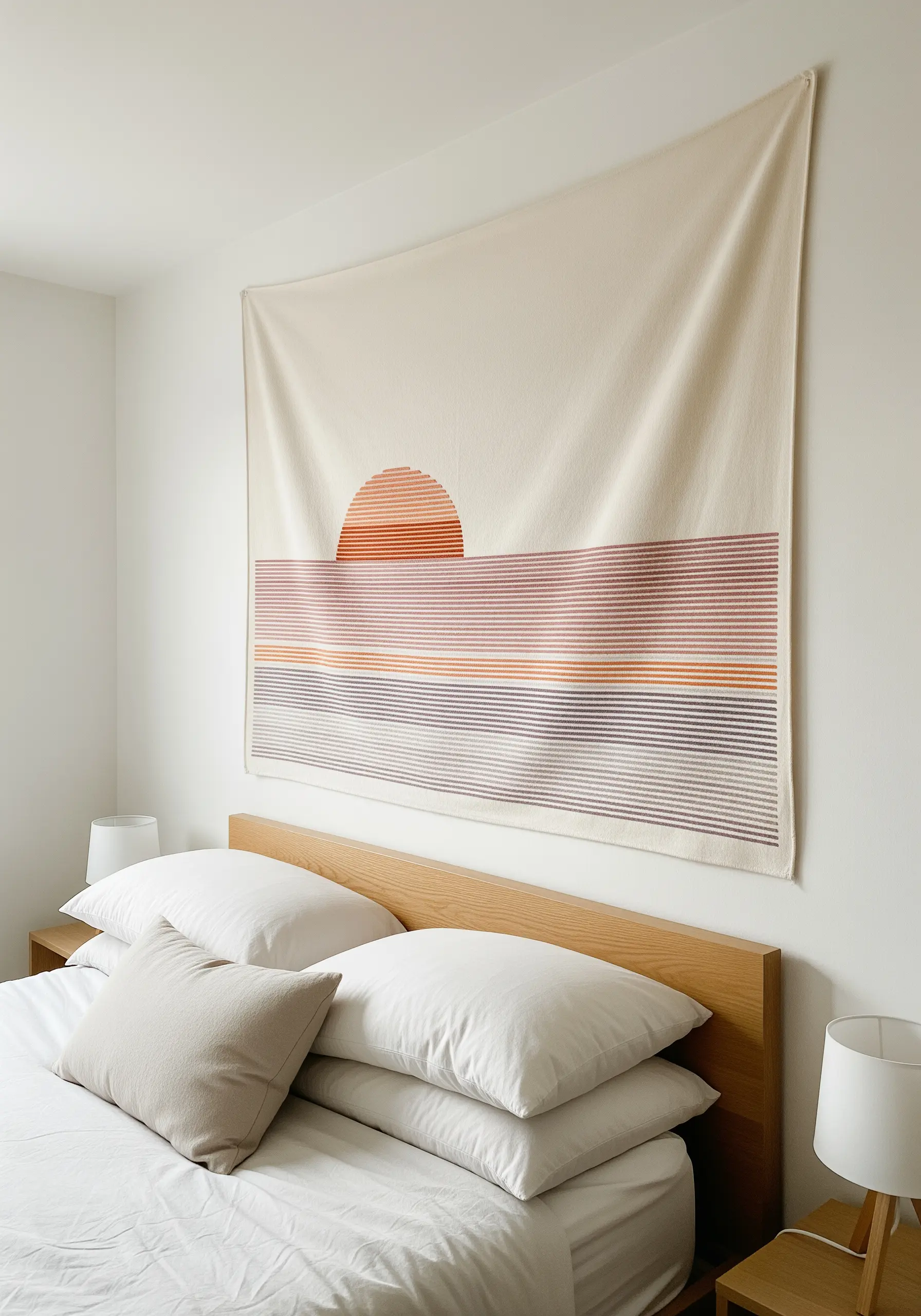 A large textile wall hanging with a minimalist embroidered sunset over colorful stripes.
