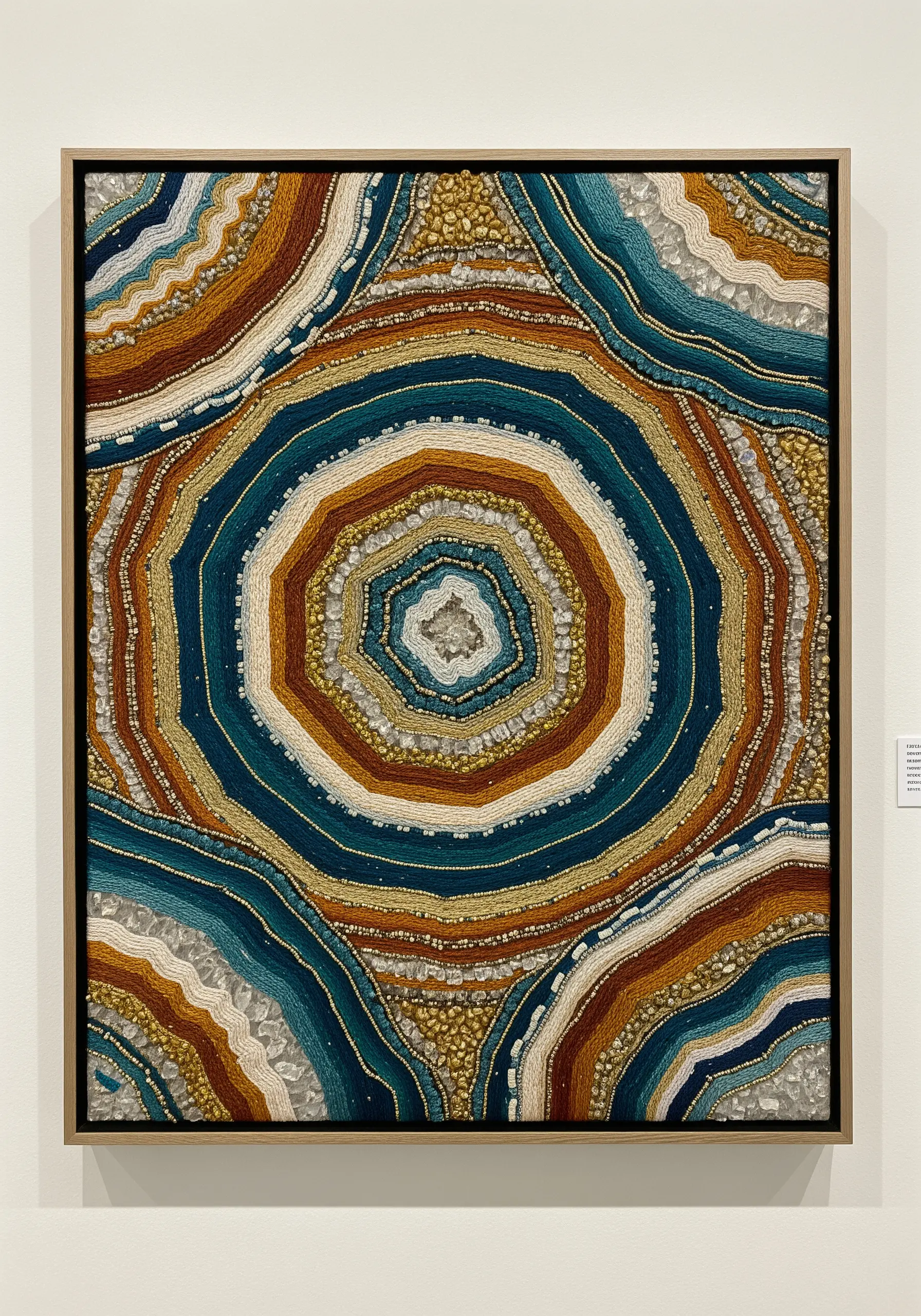 Framed embroidery art of an agate geode using couching, beading, and French knots.