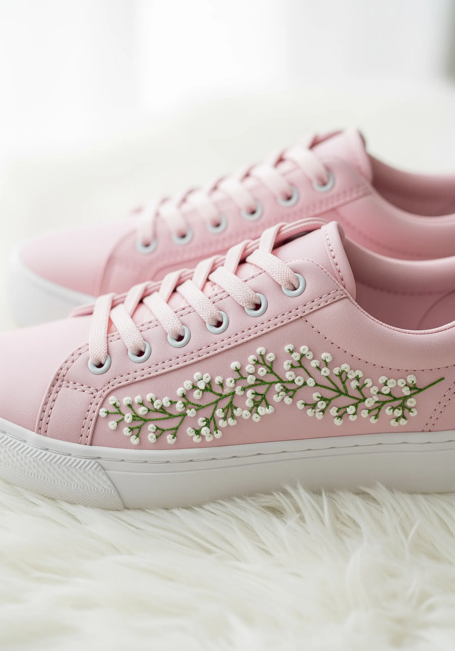 A delicate vine of baby's breath made with white French knots on a pink sneaker.
