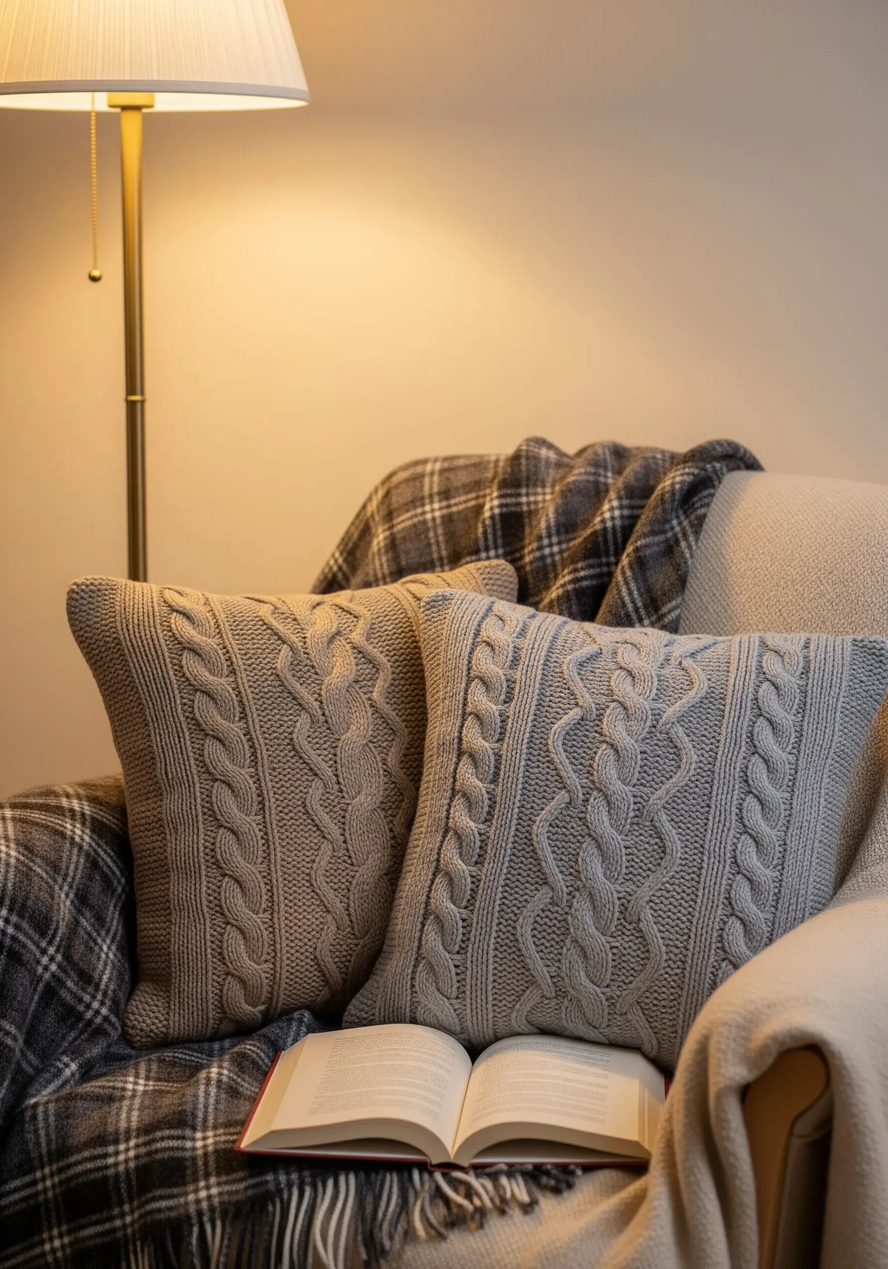 Two grey cable-knit pillows and a plaid throw blanket on a cozy armchair.