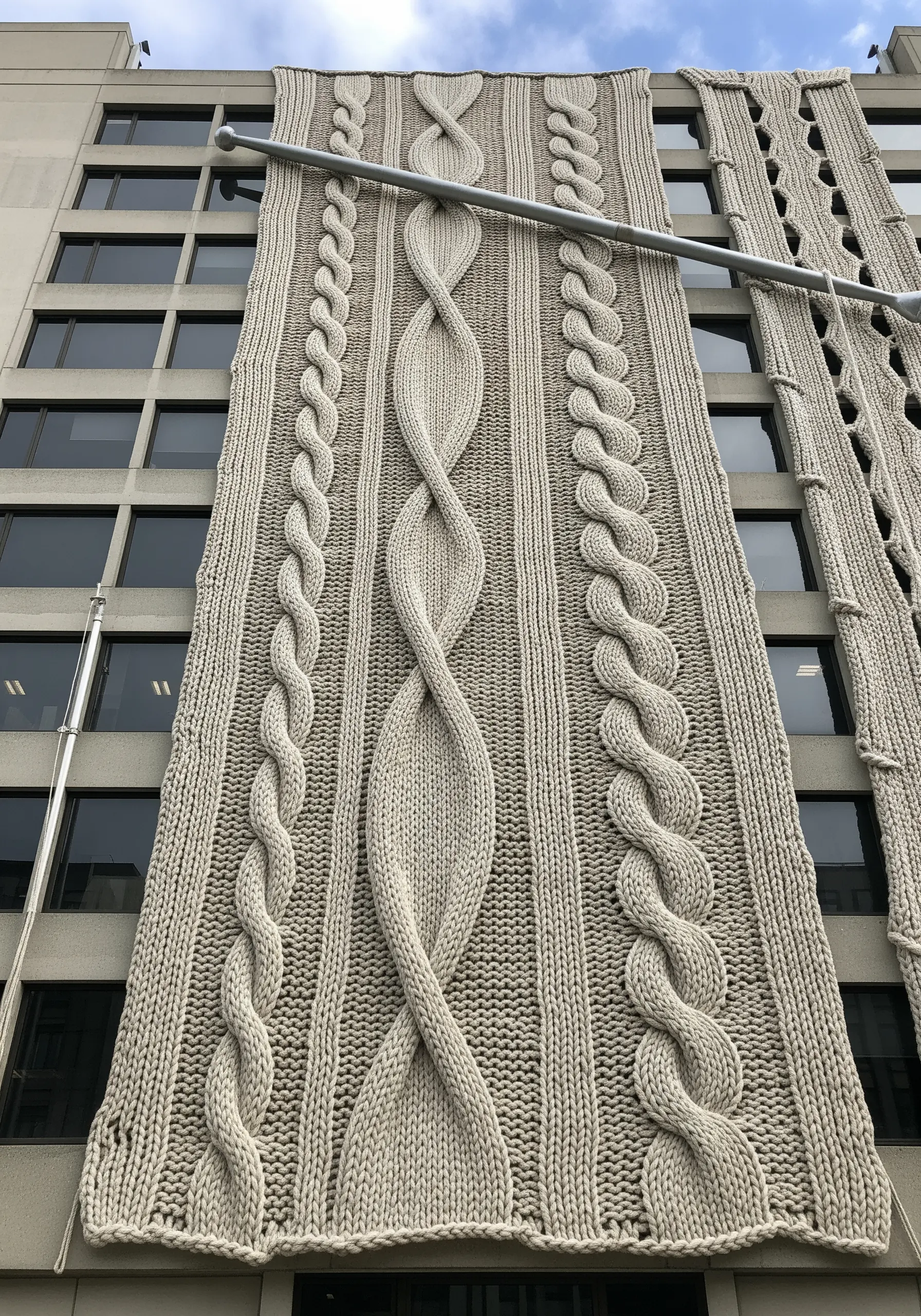 An enormous cable-knit panel, several stories high, hanging on the side of a building.