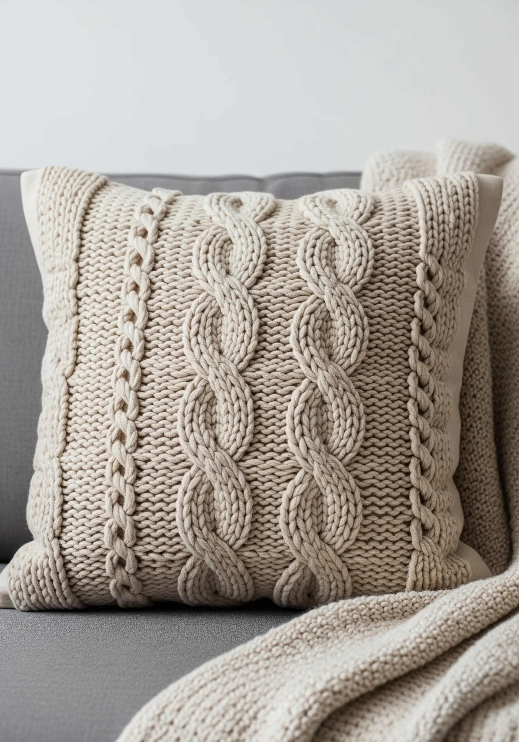 A cream-colored pillow featuring an embroidered pattern that mimics a cable-knit sweater.