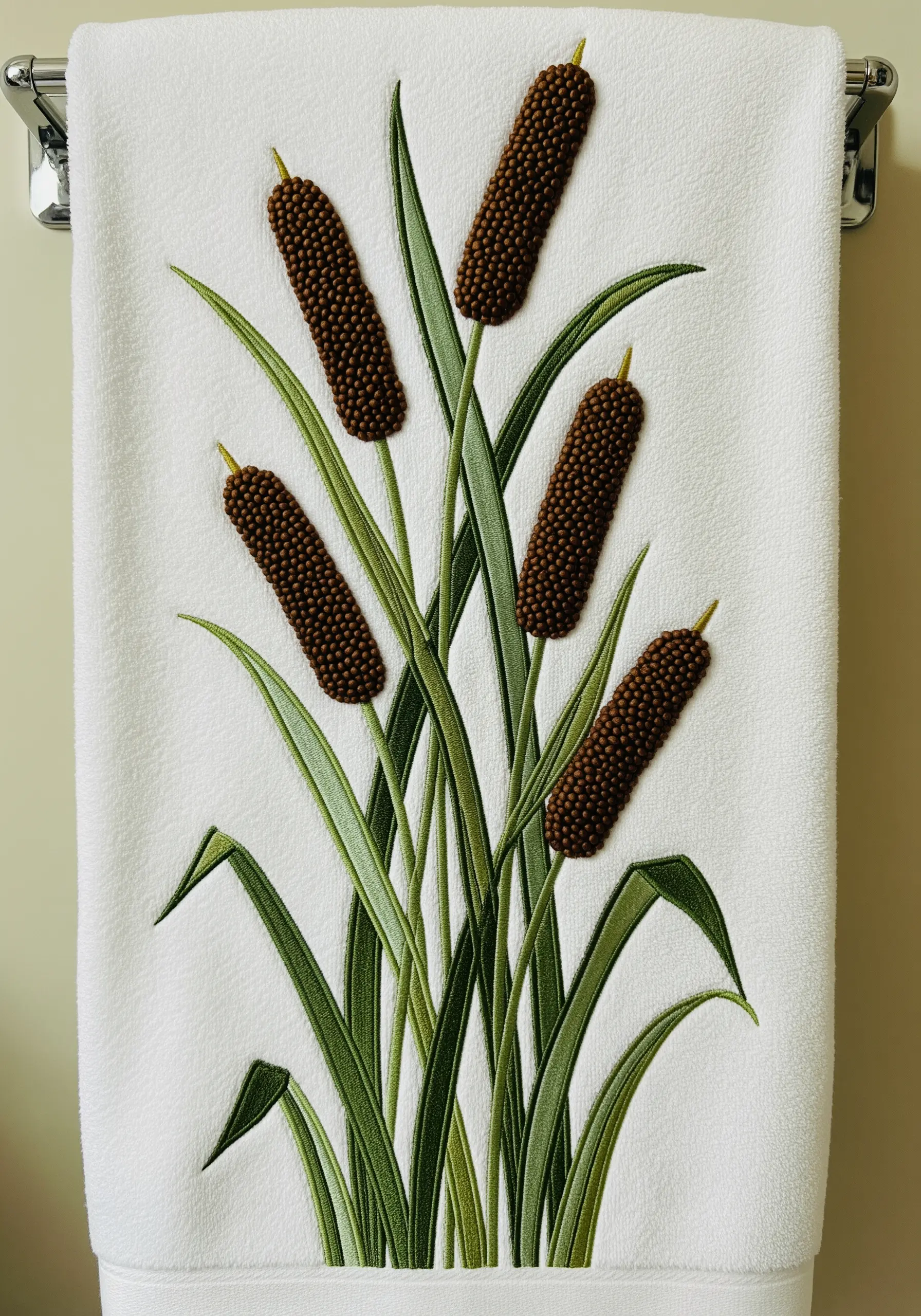 Embroidered cattails with highly textured brown French knots on a white bathroom towel.
