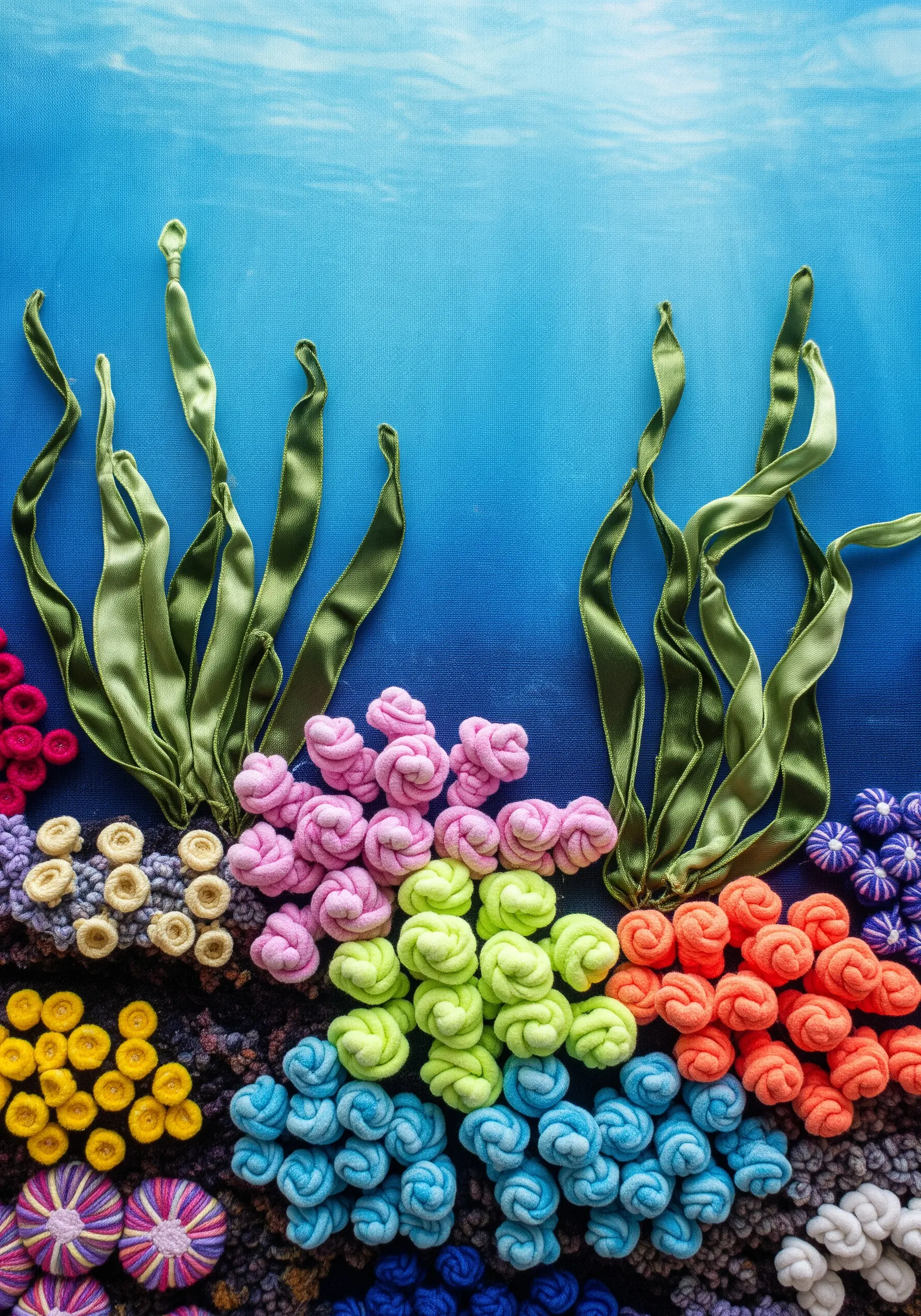 A vibrant coral reef embroidery using colorful knotted yarns and green ribbon for seaweed.