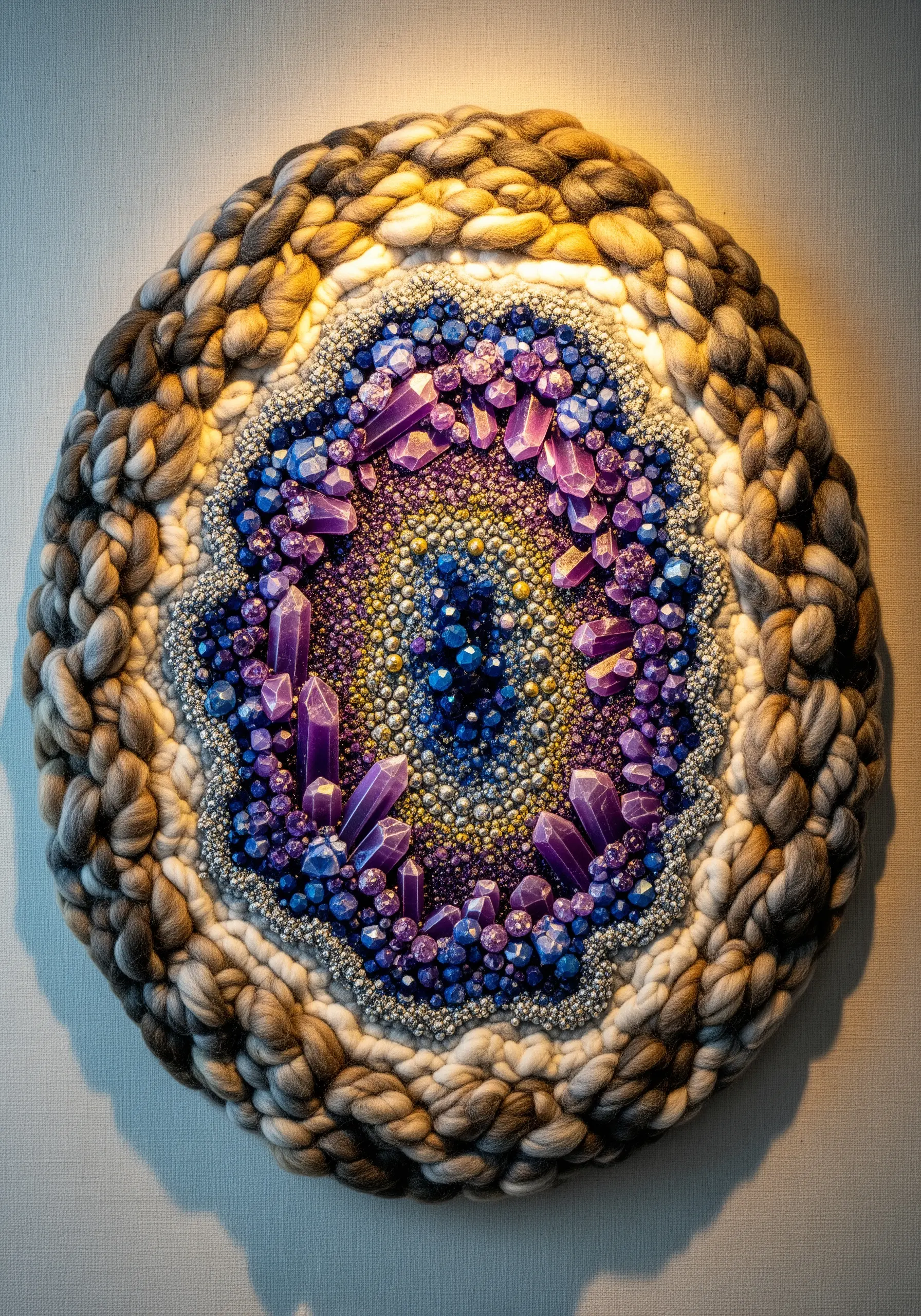 A textile art geode with a yarn border and a center filled with purple and blue beads.