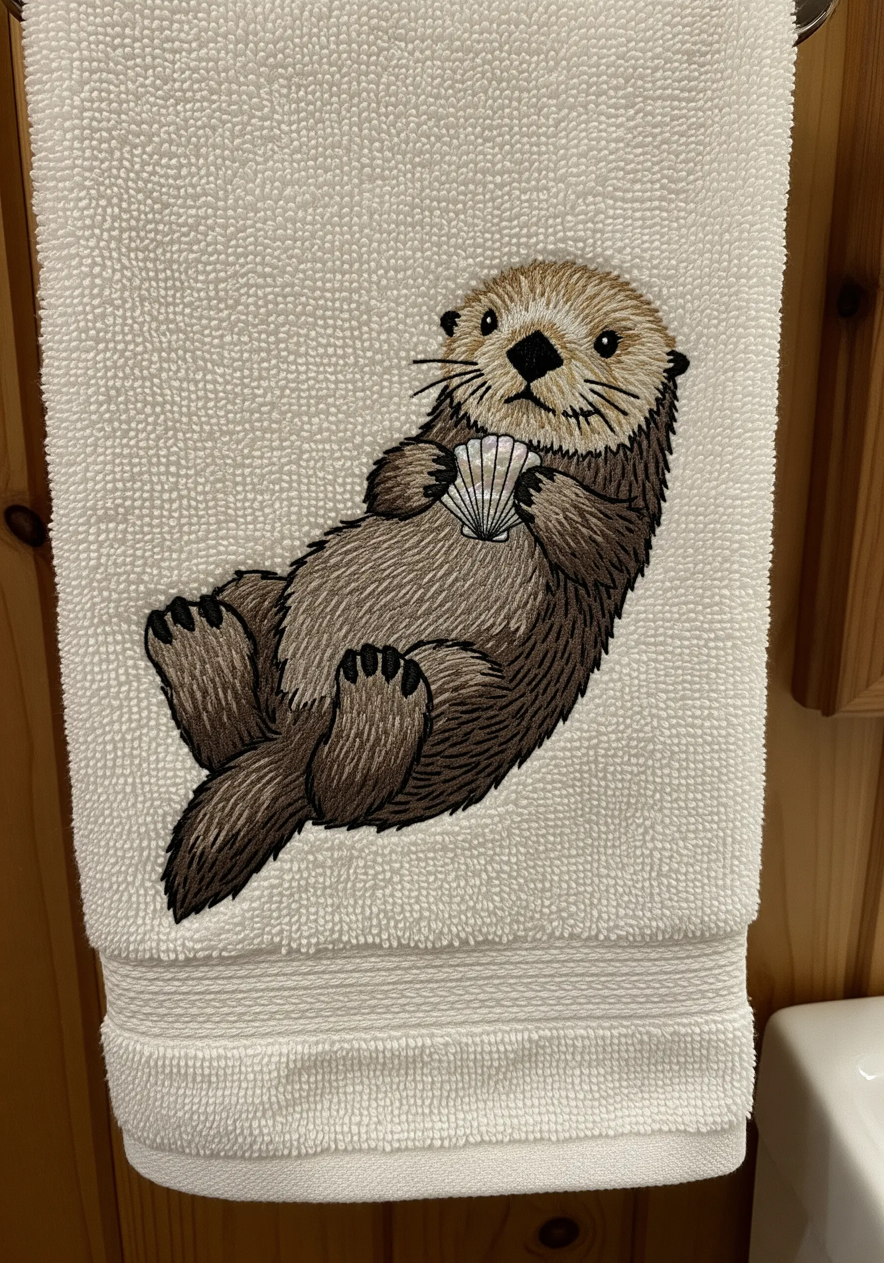 A fluffy sea otter embroidered on a thick white towel, with textural fur stitches.