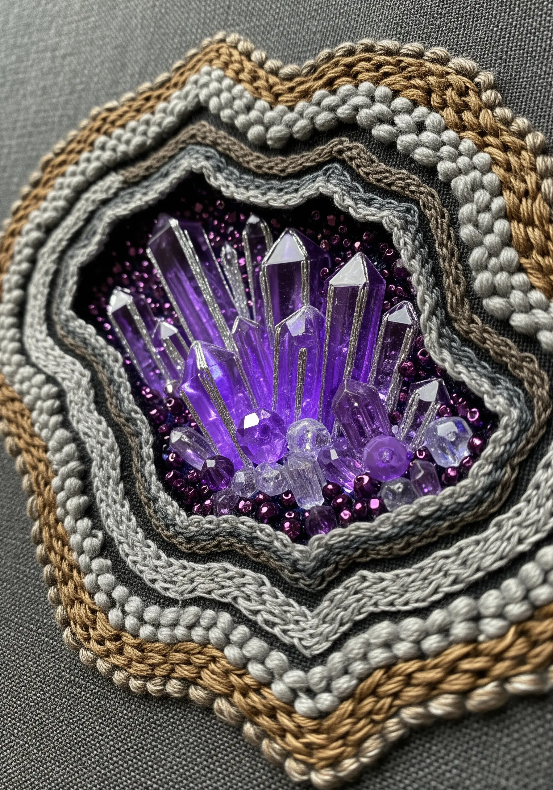 An embroidered amethyst geode with purple crystal beads and rings of textured grey and brown stitches