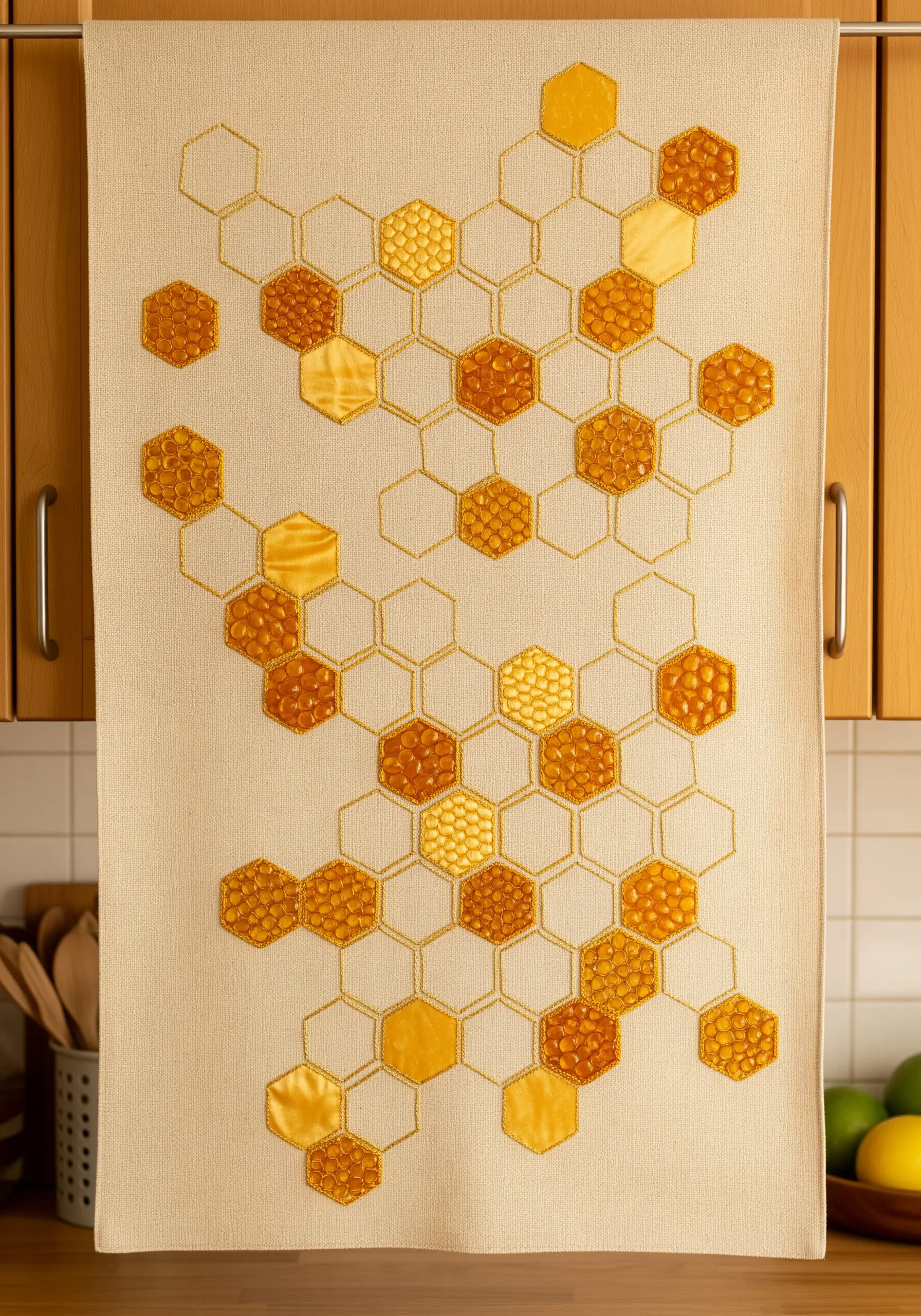 A honeycomb-patterned wall hanging with some hexagons filled with padded fabric and others with French knots.