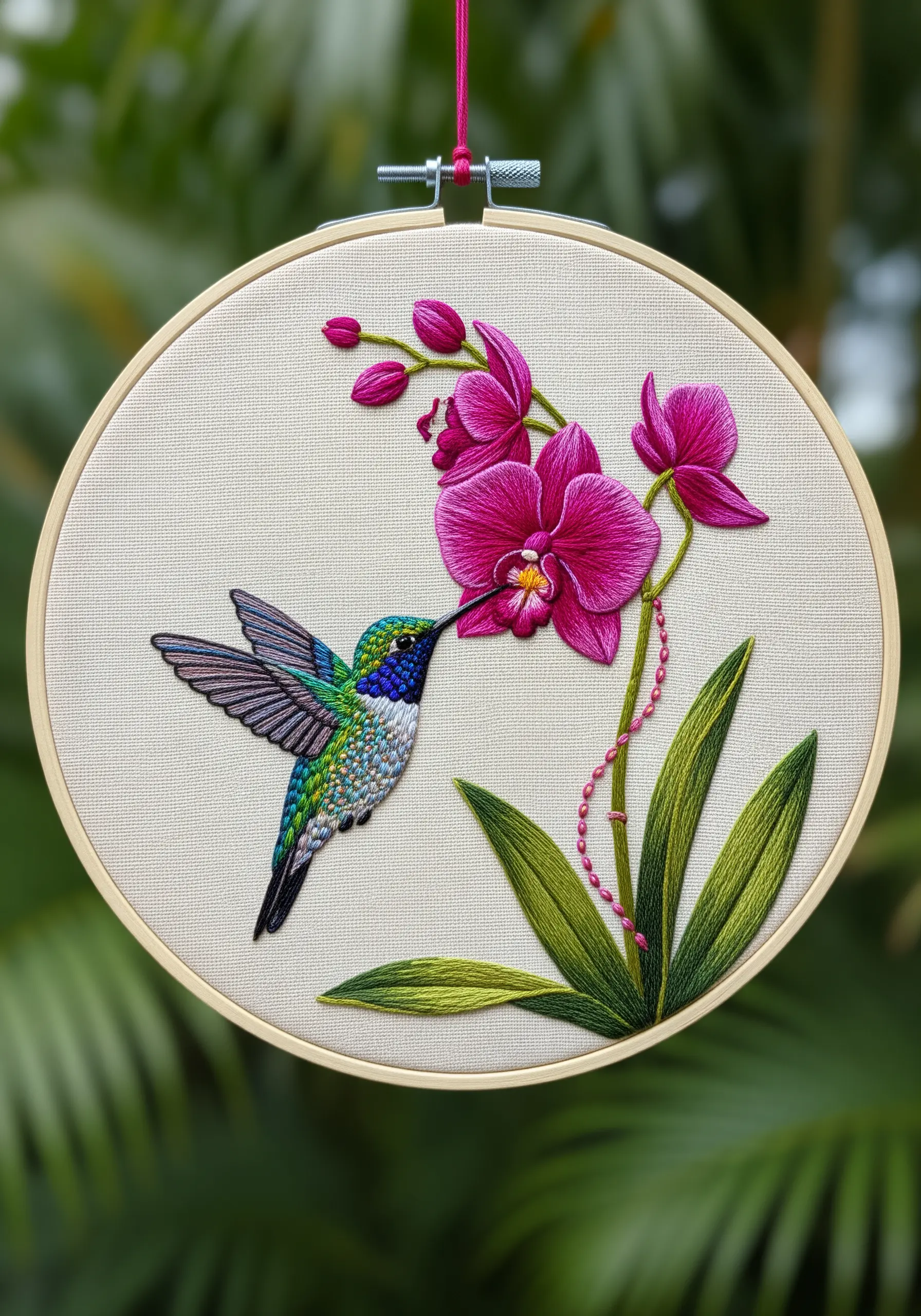 Realistic hummingbird and orchid embroidery using single-strand needle painting.