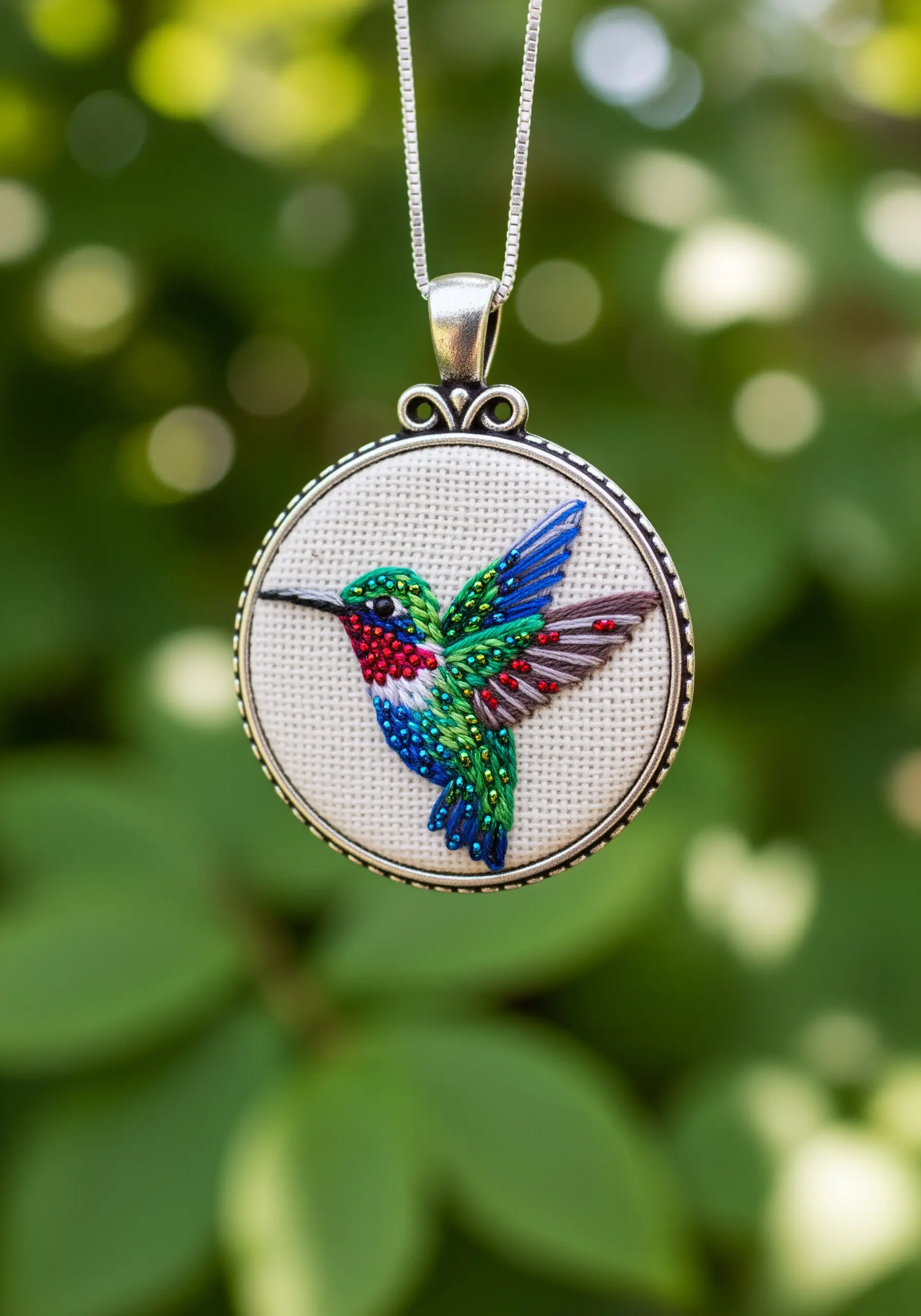A colorful embroidered hummingbird with shiny threads, set in a silver pendant.