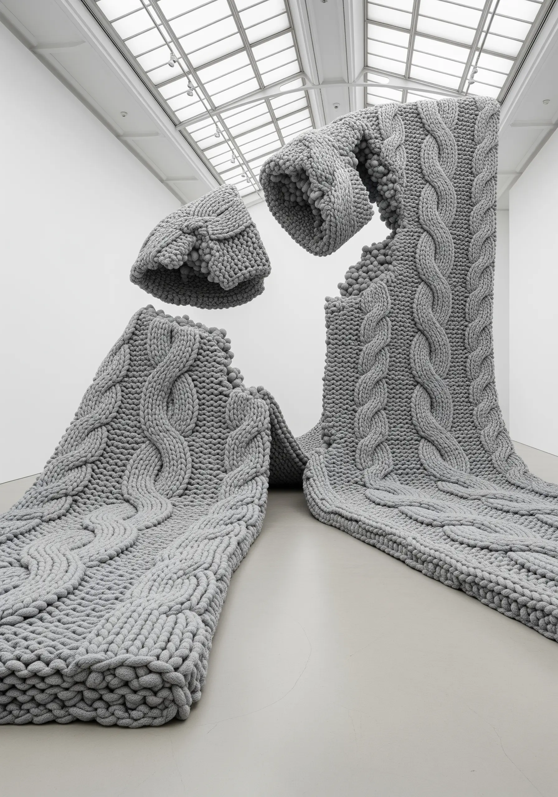 An enormous, deconstructed cable-knit sweater made of thick gray yarn in a gallery.